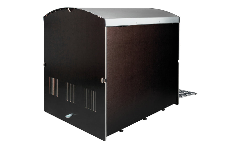 Rückansicht des Rollabo XL, einem schwarzen, robusten Hundeanhänger mit silberner Dachkante und Lüftungsschlitzen