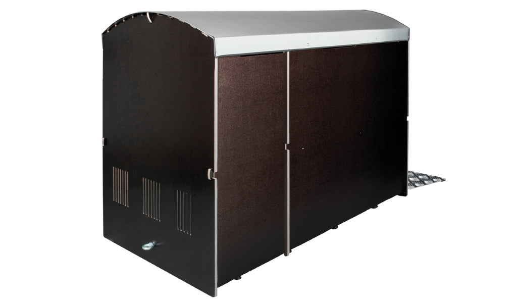 Rollabo XXL Plus Fahrradgarage Rückansicht mit braunen Wänden und grauem Dach