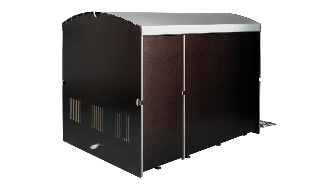 Rollabo XXL Fahrradgarage aus Holz mit Metall-Dach, Rückansicht, schwarze Seitenwände