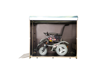 Diebstahlsichere Aufbewahrungsbox für Rollstuhl mit offener Frontansicht und Rampe