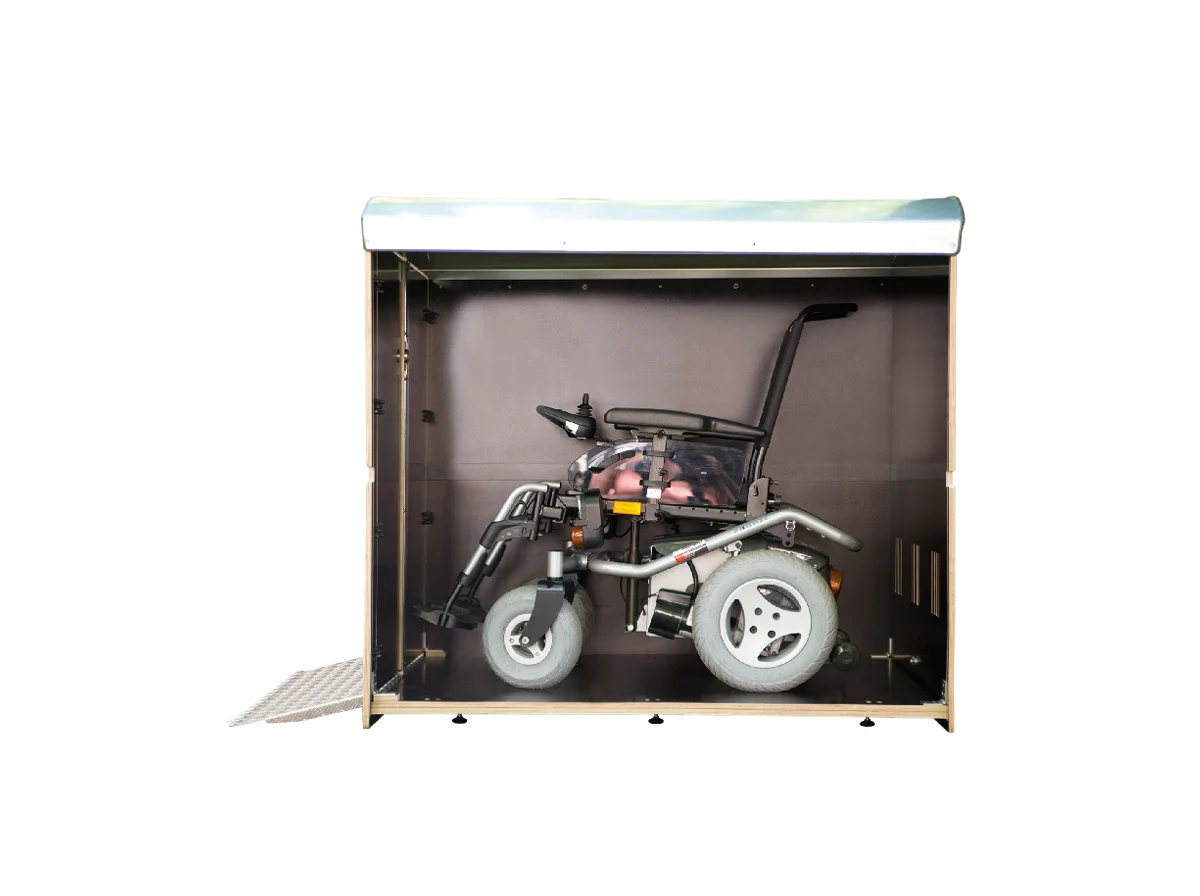 Aufbewahrungsbox für Rollstuhl mit Rampe, sicher und geräumig, für Außenbereich geeignet