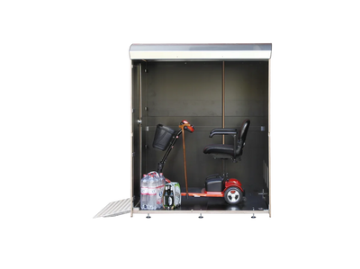 Große Aufbewahrungsbox mit Elektromobil, Gehstock und Getränkeflaschen, Diebstahlschutz