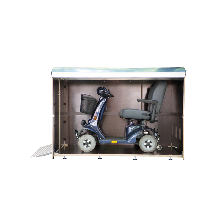 Aufbewahrungsbox für Elektromobil oder Rollstuhl mit Rampe, sicher und geräumig