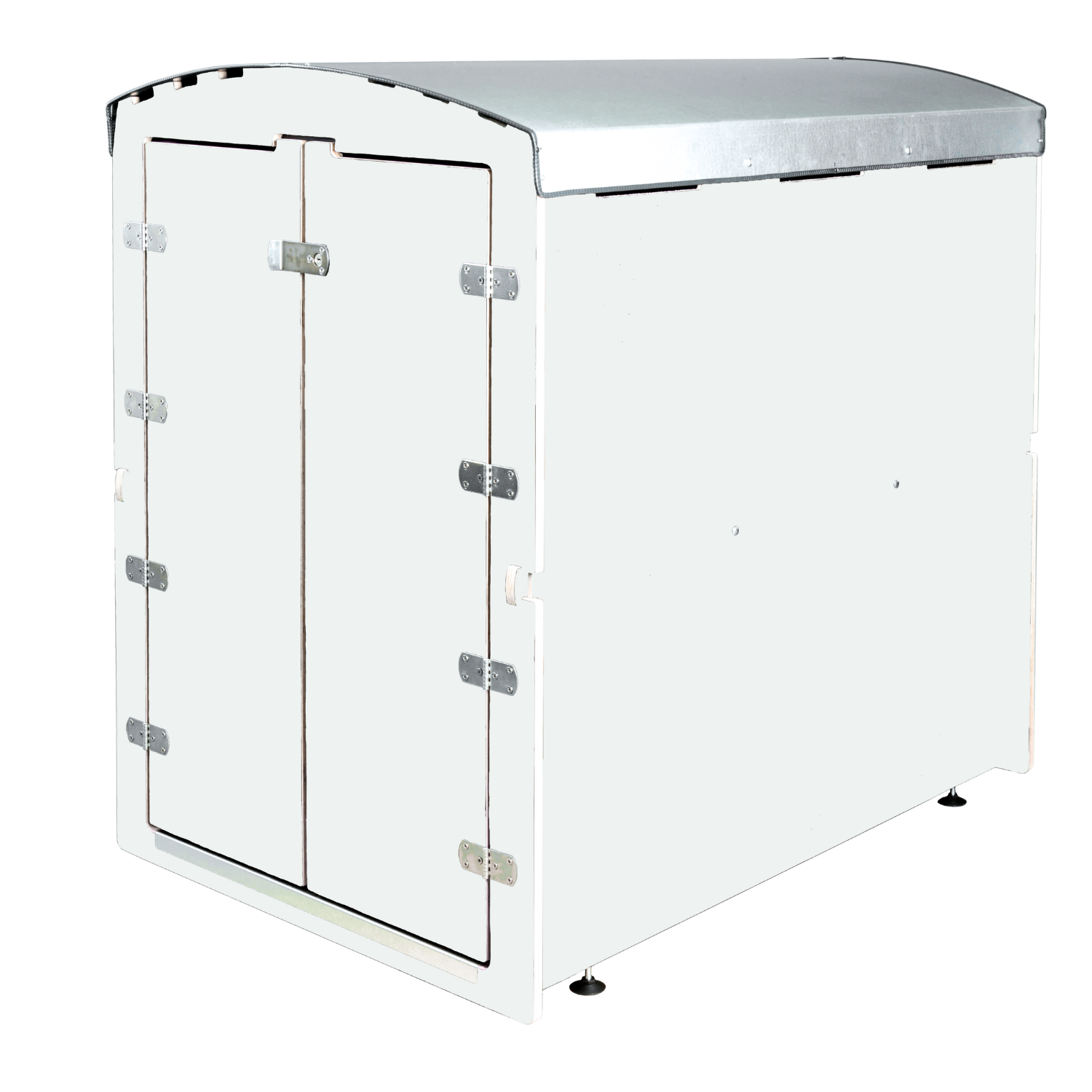 Weißer Rollabo L Behälter mit Metalltür und abgeschrägtem Dach, industrielle Aufbewahrung