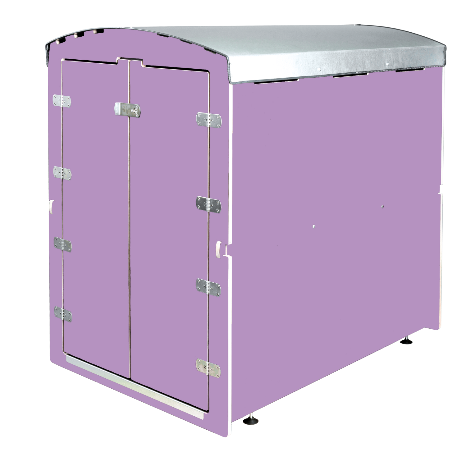 Lila Fahrradgarage aus Metall mit Doppeltüren und silbernem Dach für Außenbereich