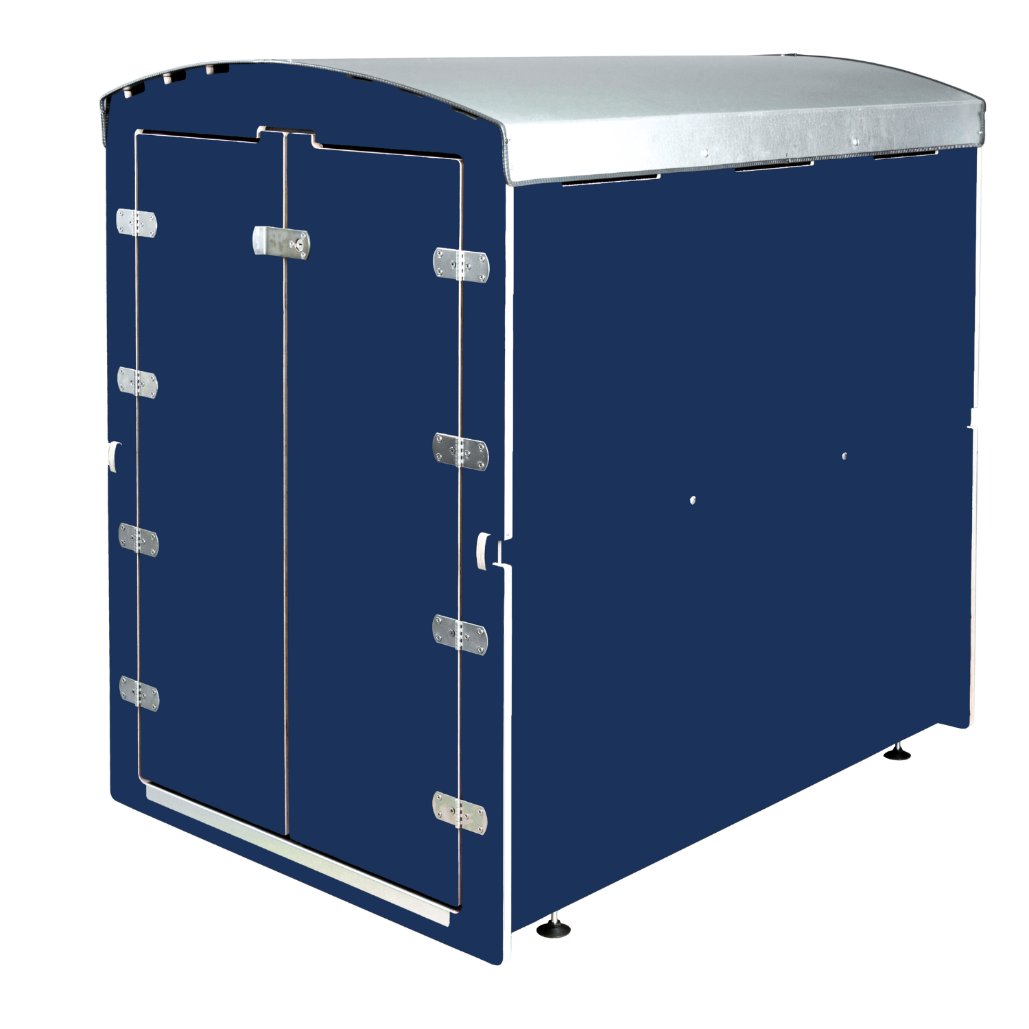 Dunkelblauer stabiler Transportanhänger mit Metallklappe und doppelter Rücktür