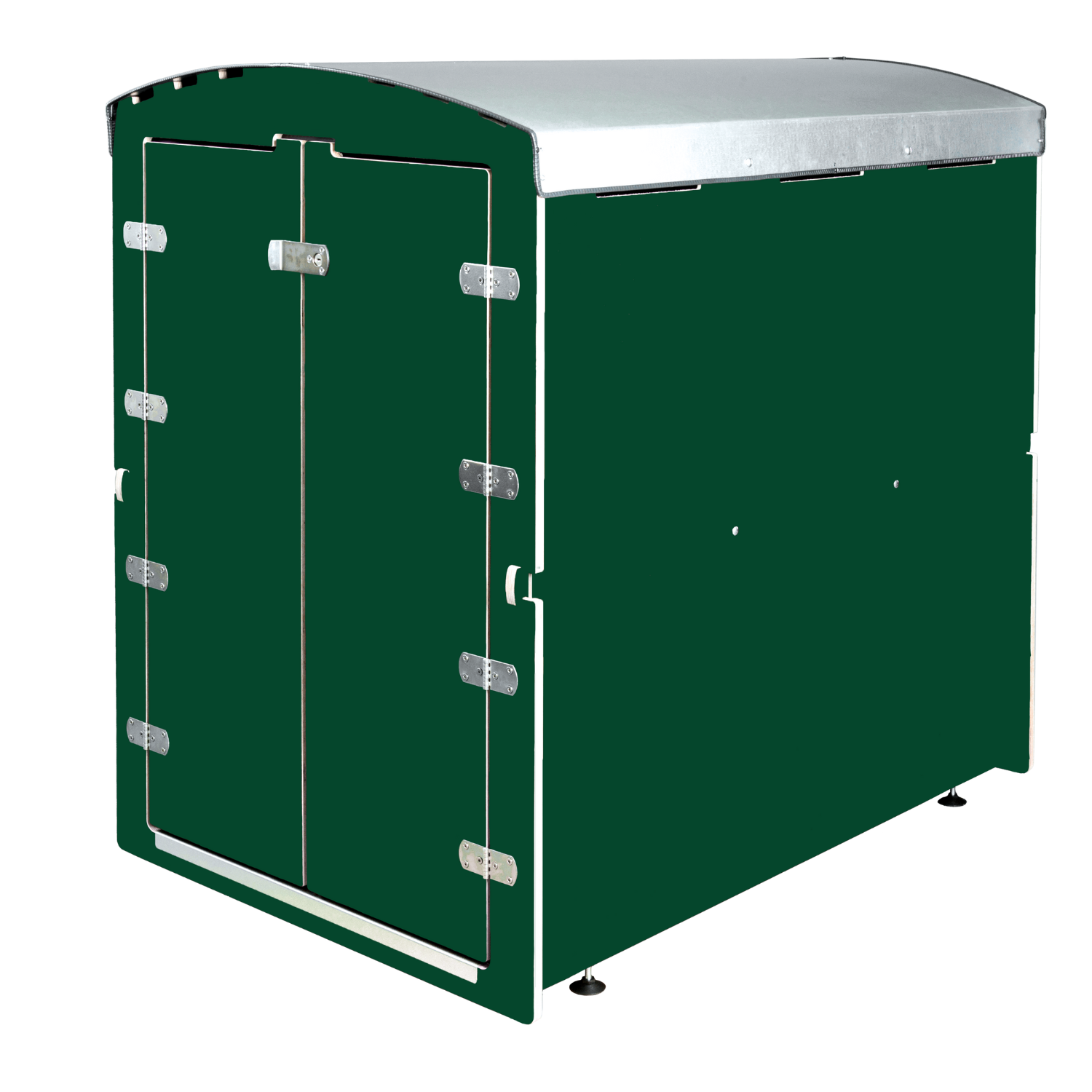Rollwagen dunkelgrün mit silbernem Deckel, Metallbeschläge und doppelter Tür