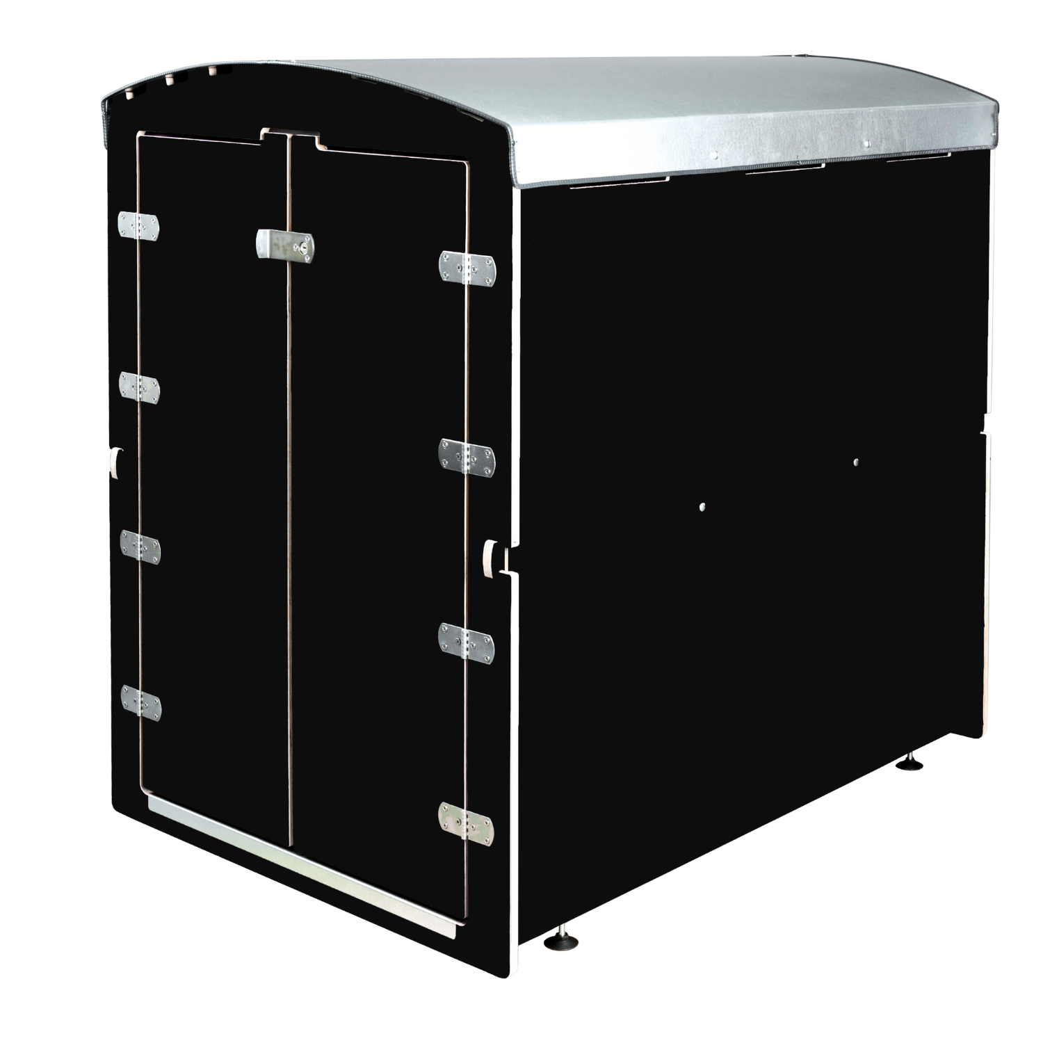 schwarzer Rollcontainer mit silberner Metallabdeckung und Doppeltüren, moderner Lager- und Transportbehälter