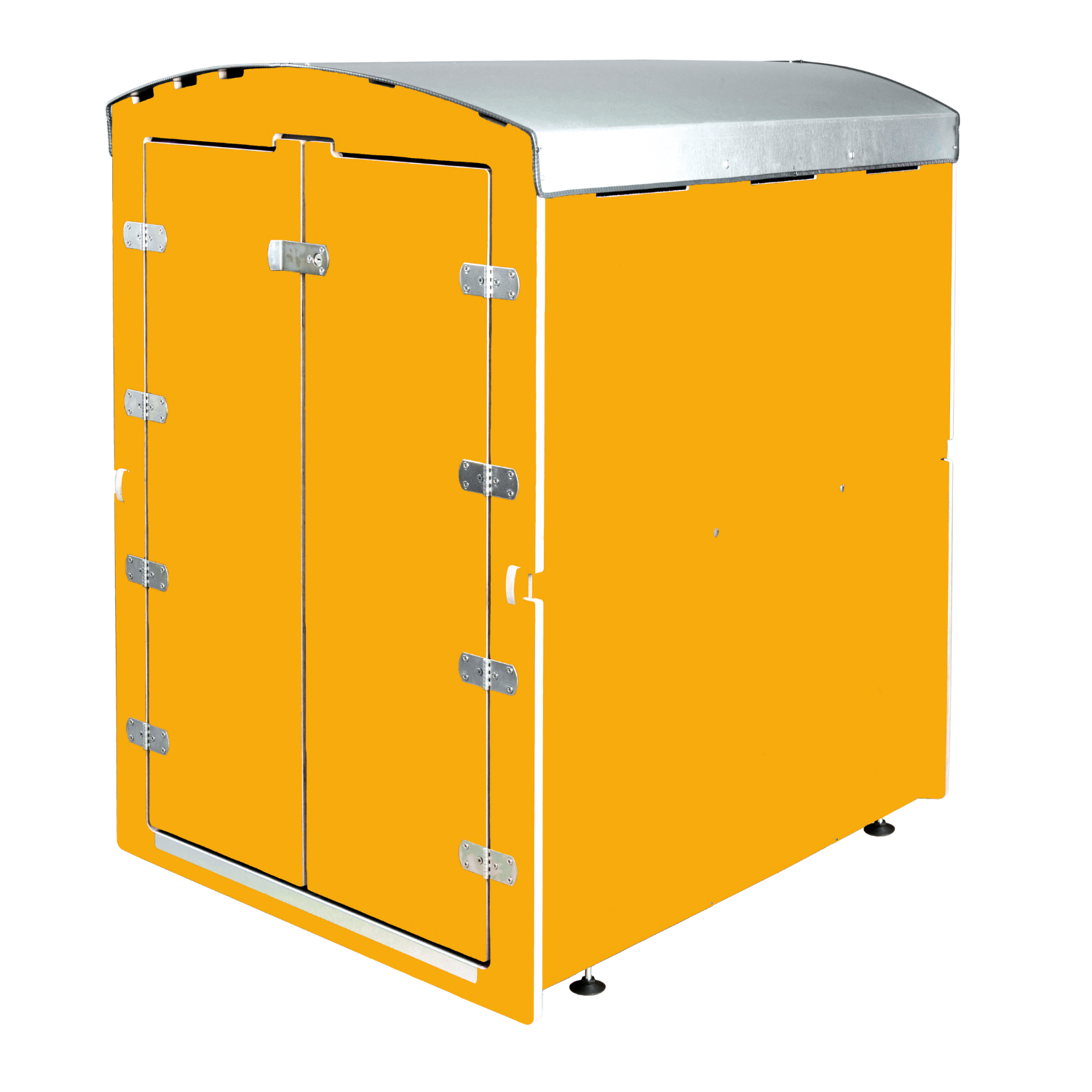 Goldgelber, abschließbarer Rollcontainer mit silbernem Deckel und robusten Scharnieren