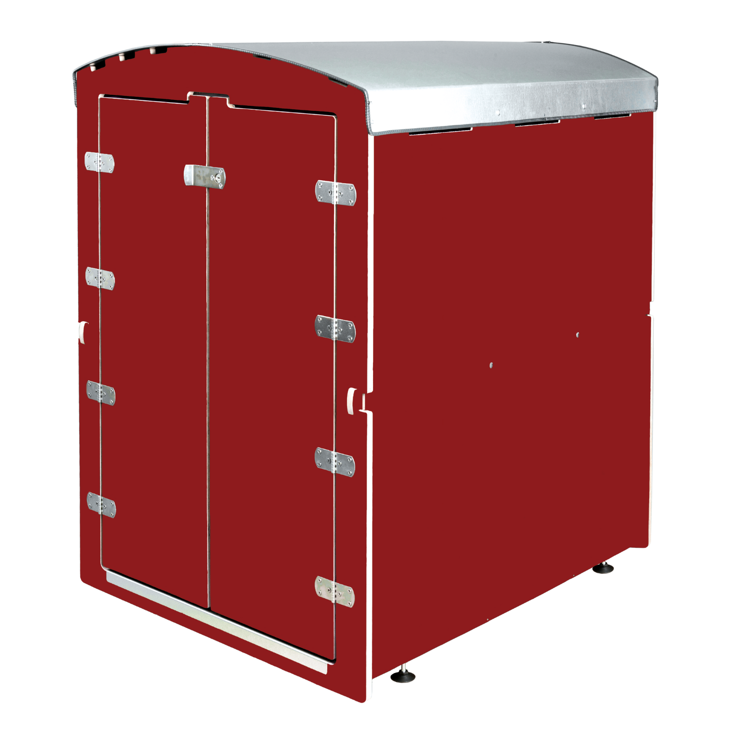 Metro-Rollcontainer in Dunkelrot mit silberner Abdeckung und Doppeltür mit Scharnieren