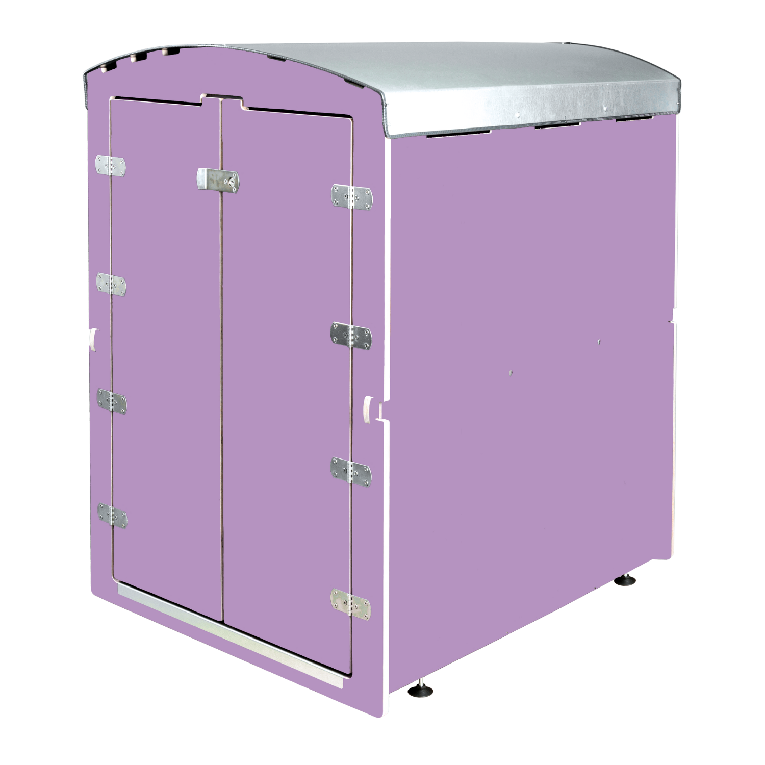 violett lackierter Metallbehälter mit doppelter Tür und gebogenem silbernem Deckel