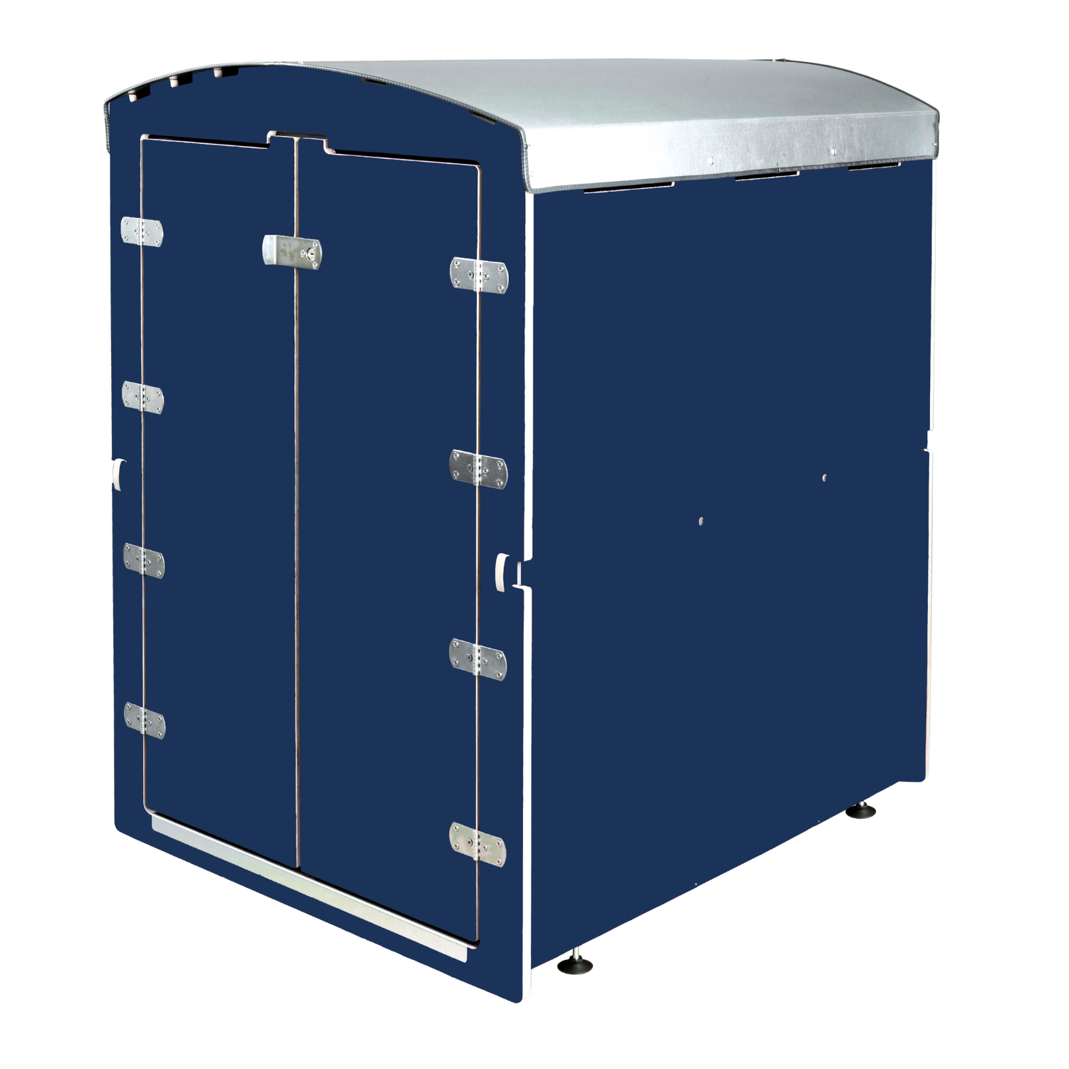 Dunkelblauer stabiler Container mit Metallverschluss und grauem abgerundetem Deckel