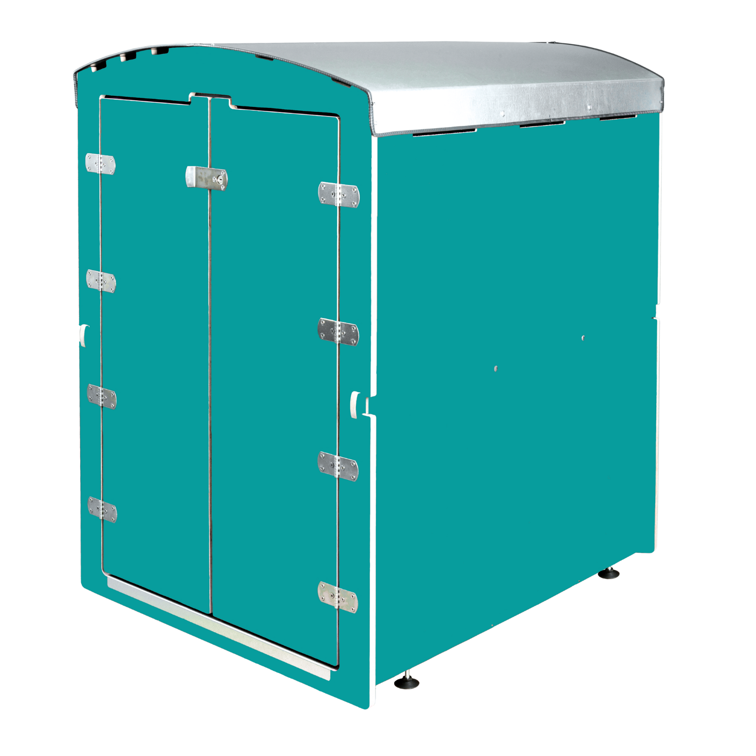 Türkiser, robuster Transport- oder Lagercontainer mit silberner Metallabdeckung und Türverschluss