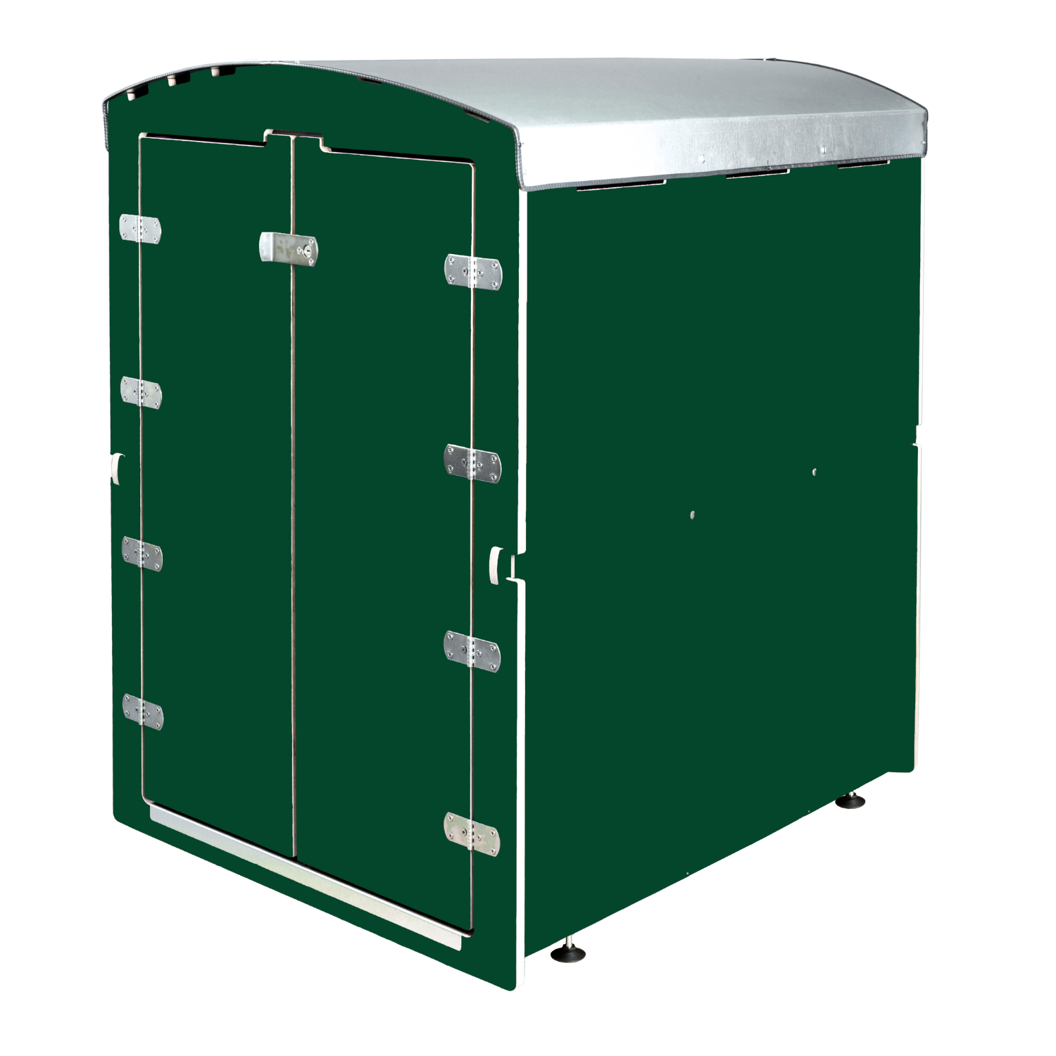 Dunkelgrüner robuster Gartenschrank mit Doppeltür und silbernem Metall-Dach