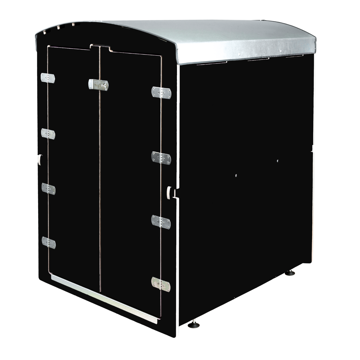 Schwarzer Rollabo Fahrradanhänger mit silbernem Metall-Dach und Doppeltür