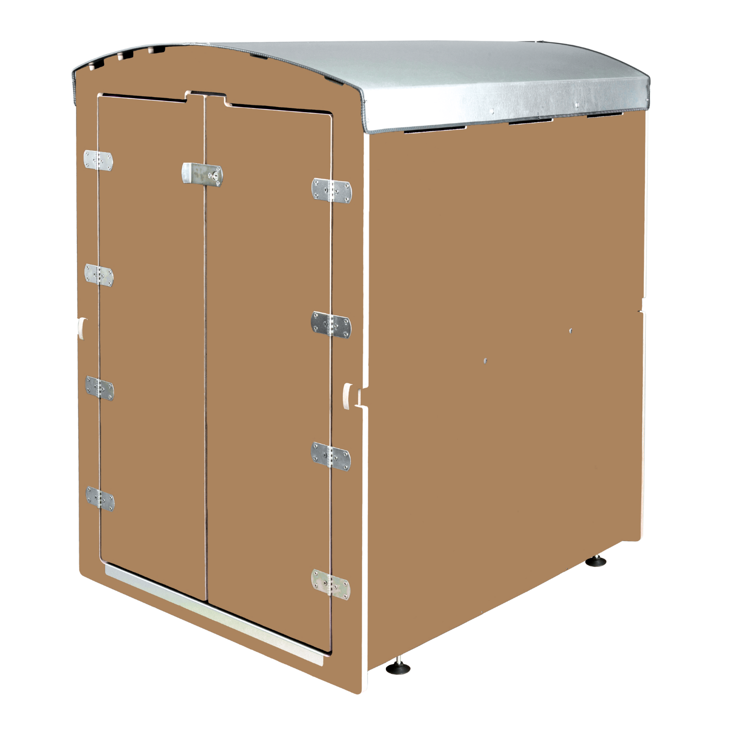 Hellbraune Rollabo Lagerbox mit silbernem Metall-Dach und Doppeltür im Halbtotalansicht