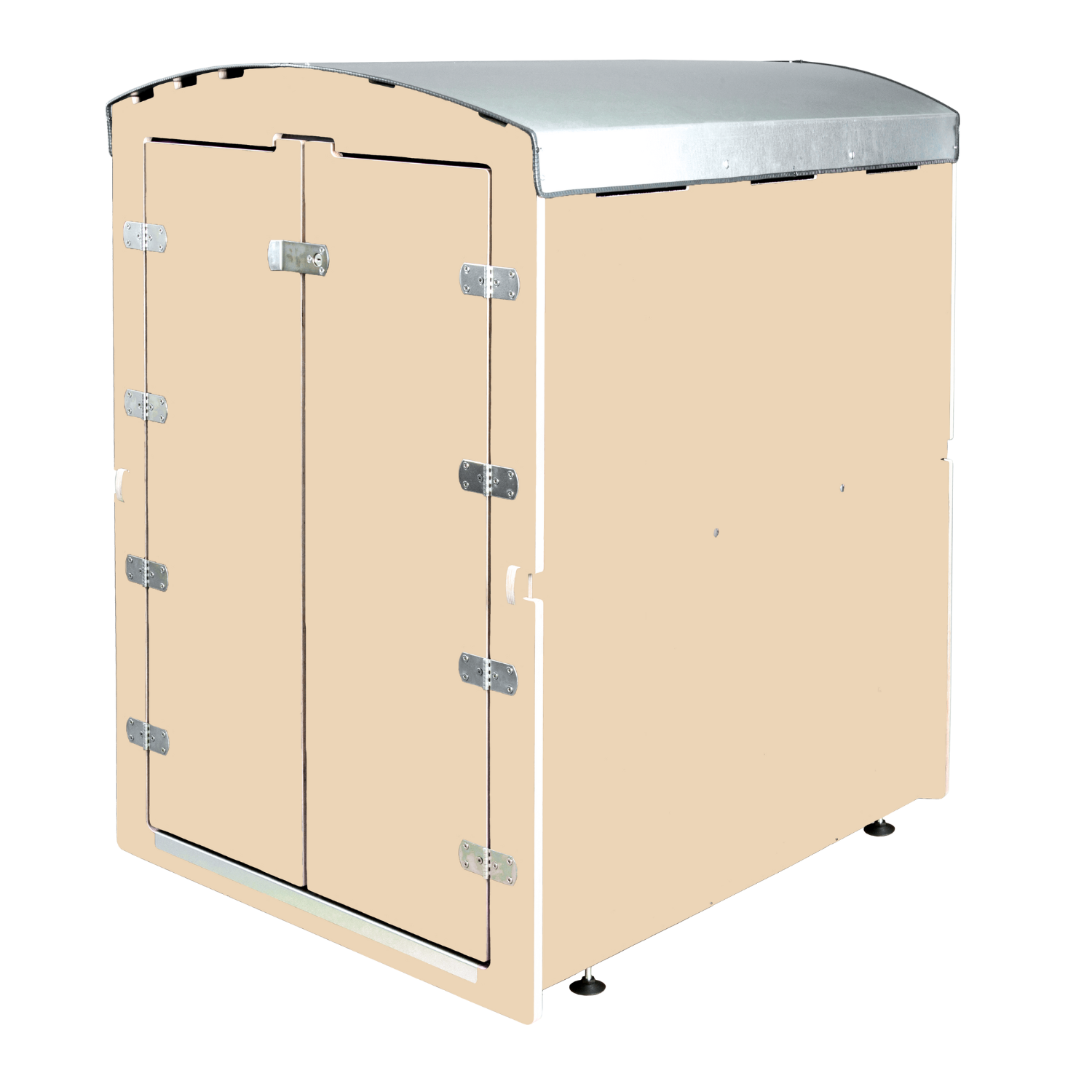 Beiger Rollcontainer mit zwei Türen und silbernem Metall-Dach, moderner Stauraum