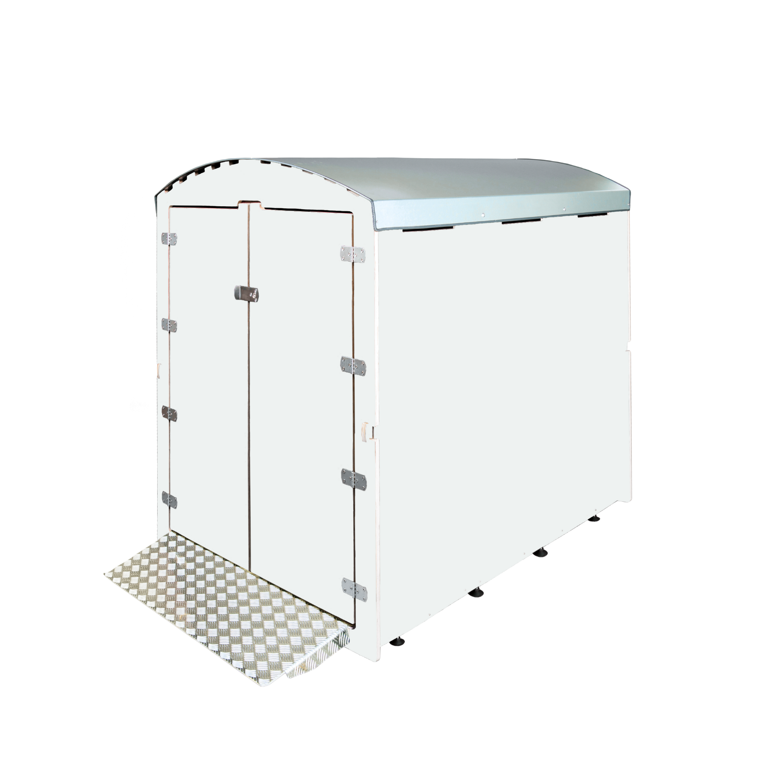 Weißer abschließbarer Abfallcontainer mit gewölbtem Deckel und Metallrampe