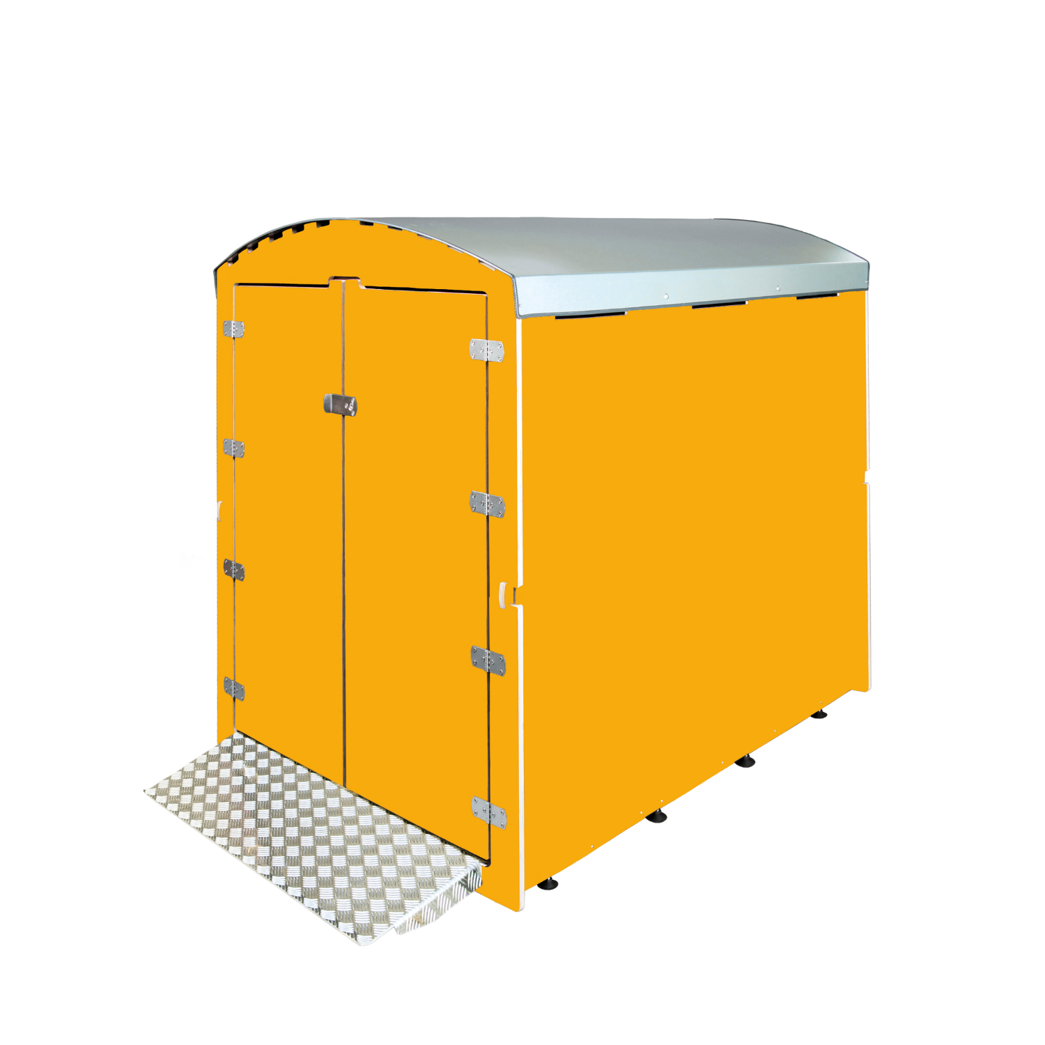 Goldgelber Fahrradgaragen-Container mit Doppeltür und silberner Aluminiumstufe