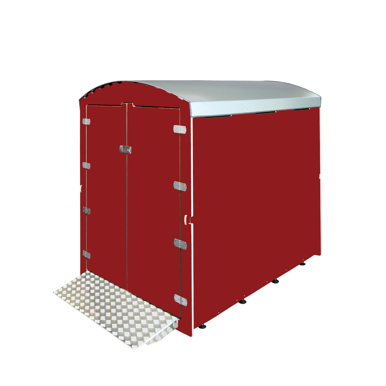 Dunkelrotes wetterfestes Gerätehaus mit silbernem Dach und Metallrampe