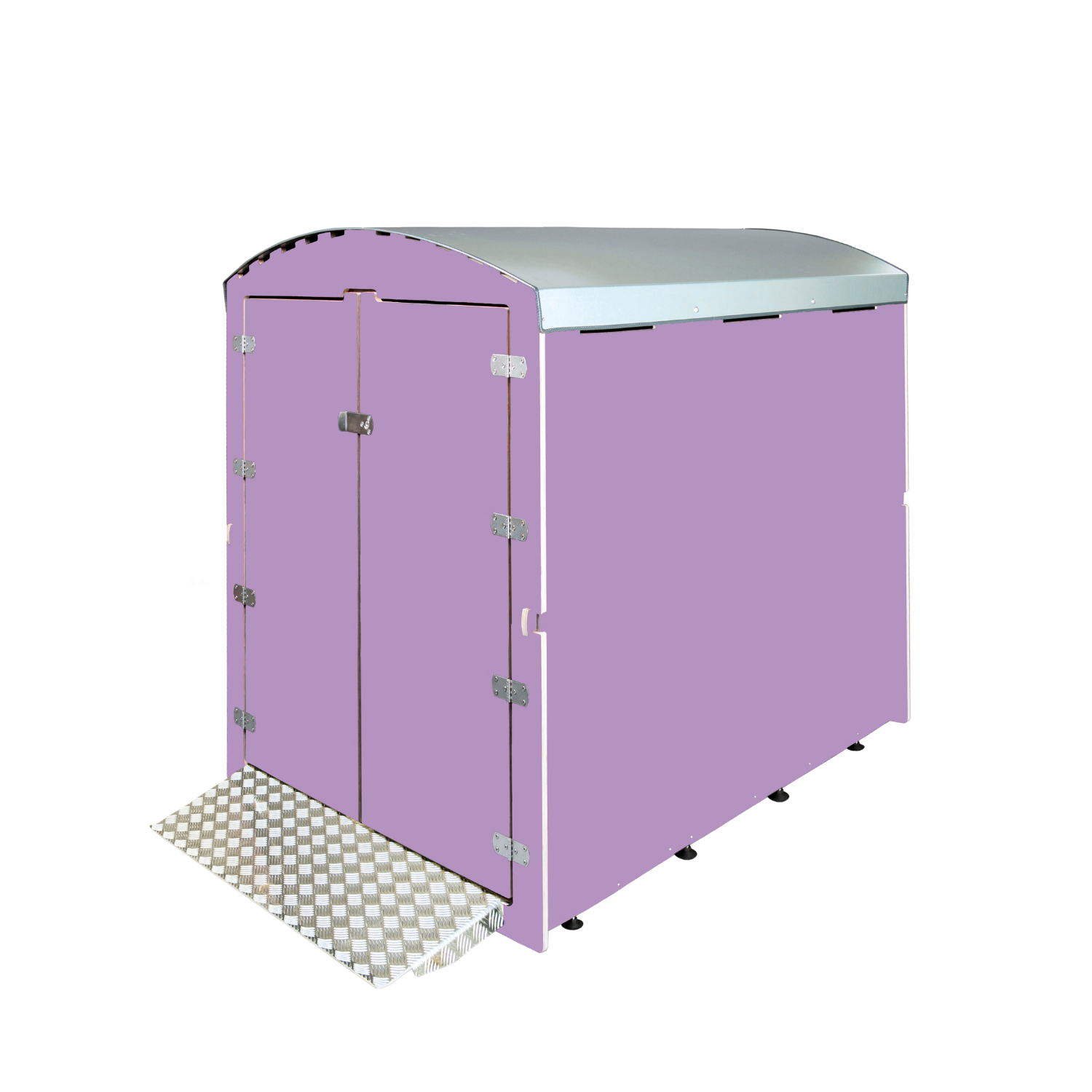 Halbtotale Aufnahme eines lilafarbenen Lagercontainers mit Metall-Dach und Rampe
