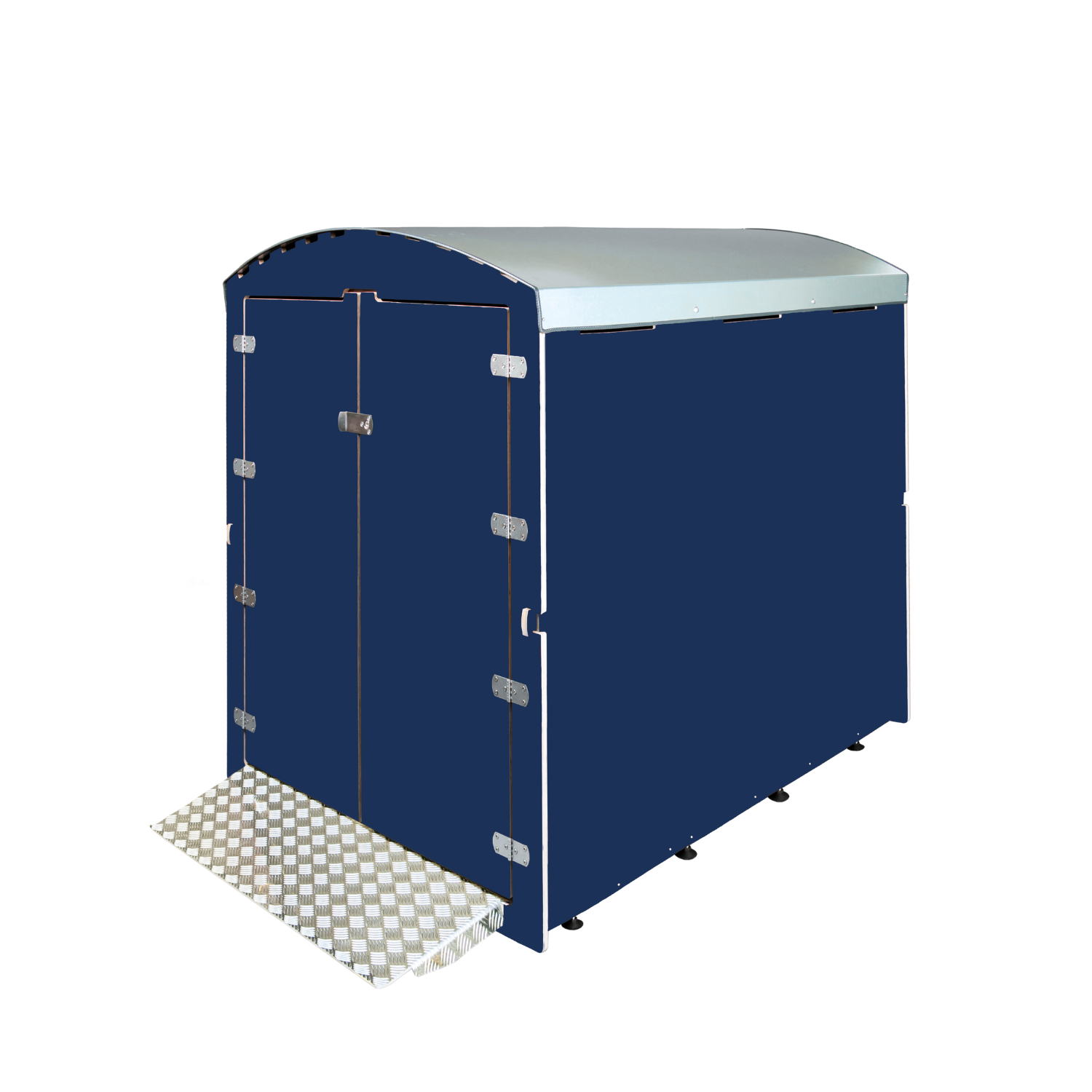 Dunkelblauer Fahrradgarage mit doppelter Tür und silbernem Blechdach, Rampe vorne