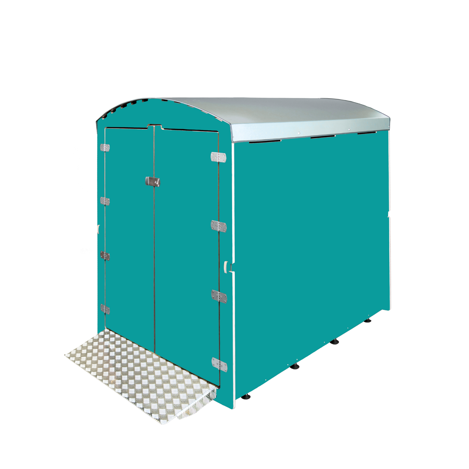 Türkiser metallener Geräteschuppen mit Doppeltür und Aluminium-Auffahrrampe