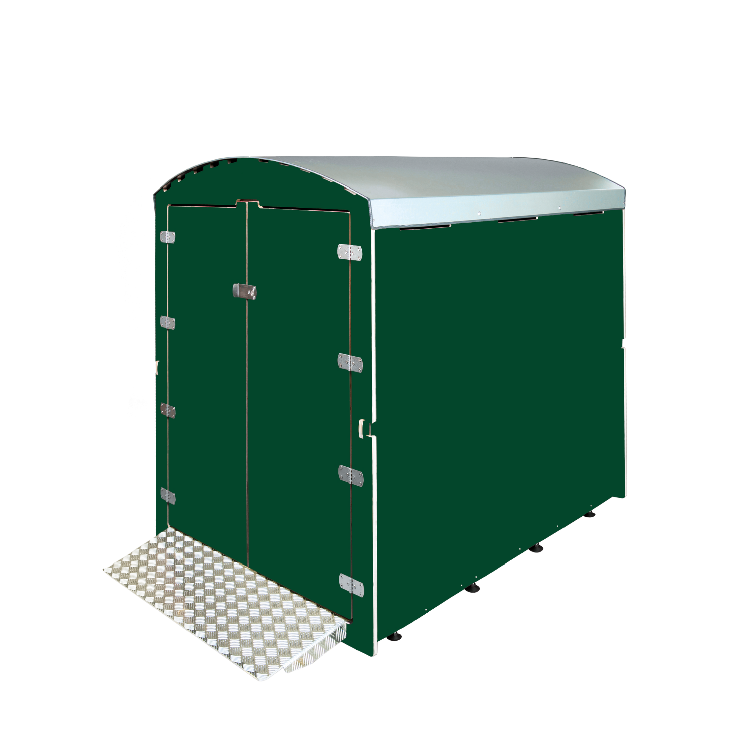 Dunkelgrünes robustes Gerätehaus mit Doppeltür und hellgrauem gewölbtem Dach