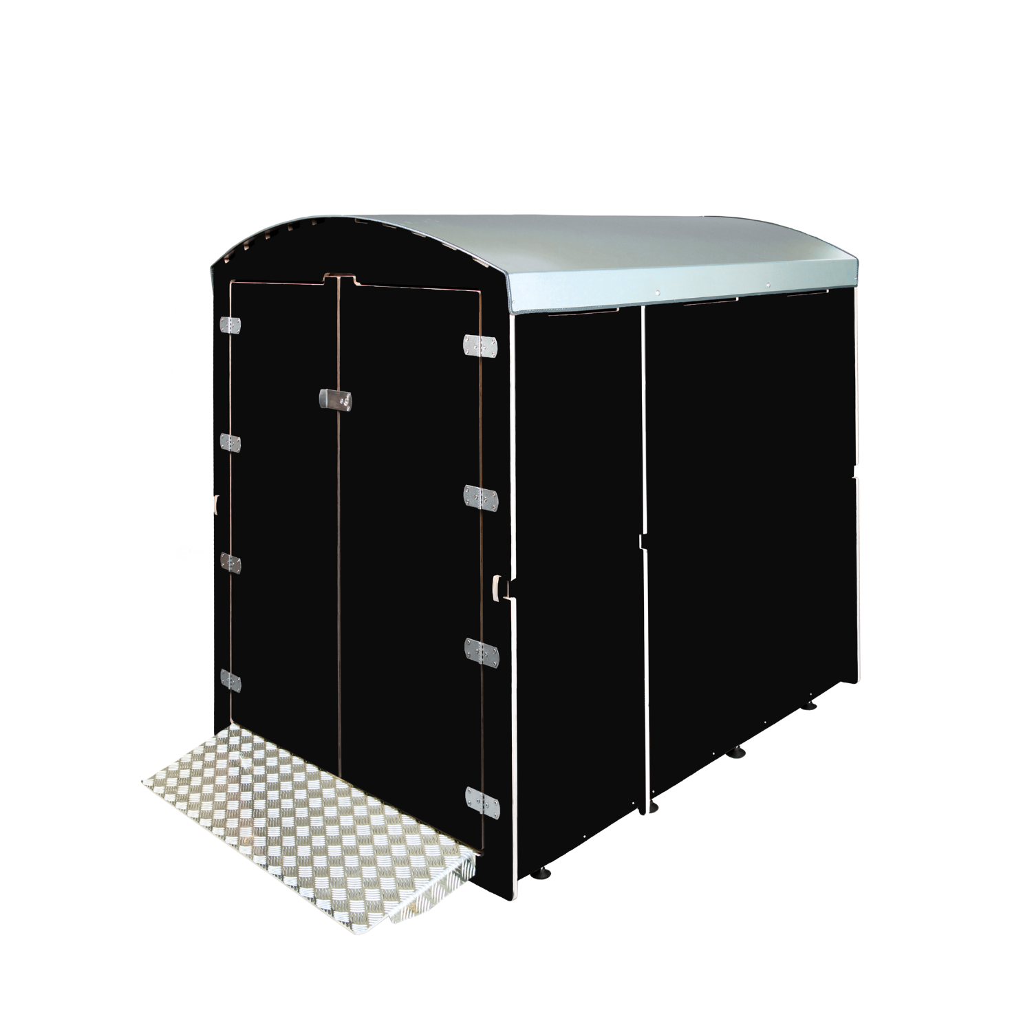 Schwarzer Rollabo Fahrradgaragencontainer mit silbernem Metalldach und klappbarer Rampe