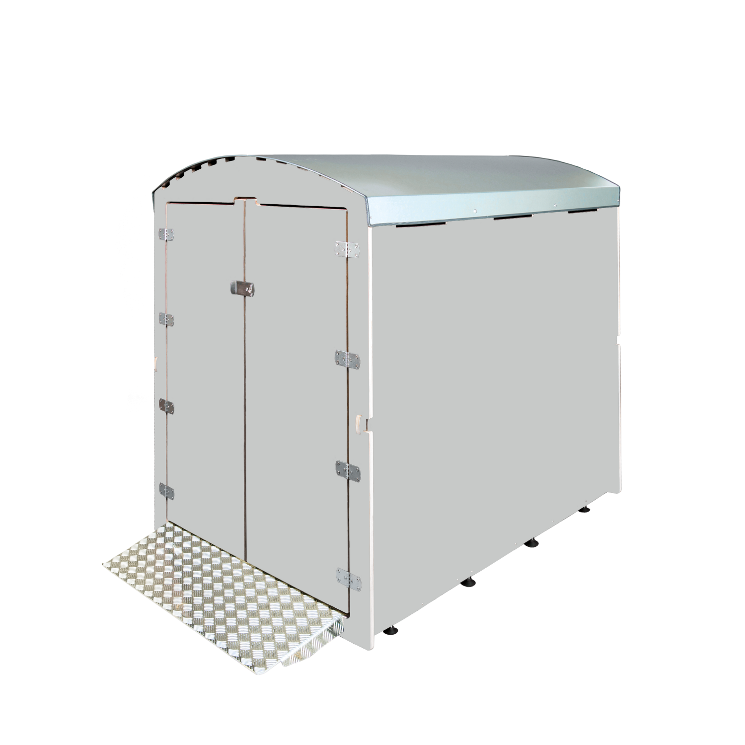 Hellgraue abschließbare Mülltonnenbox mit Metallrampen und Doppeltür