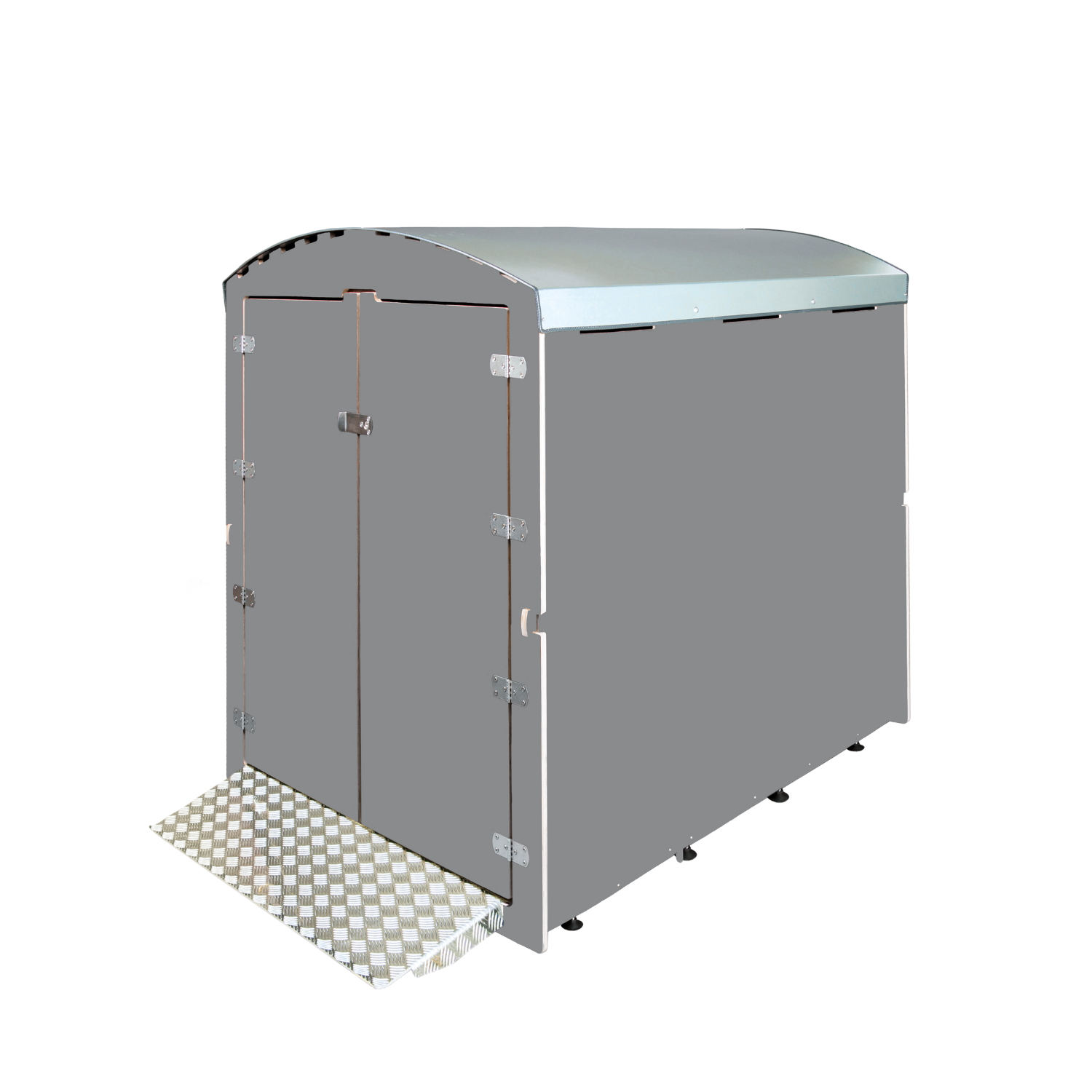 Graues Metallgerät mit Doppeltür und Aluminiumschacht an der Vorderseite, isoliert freigestellt