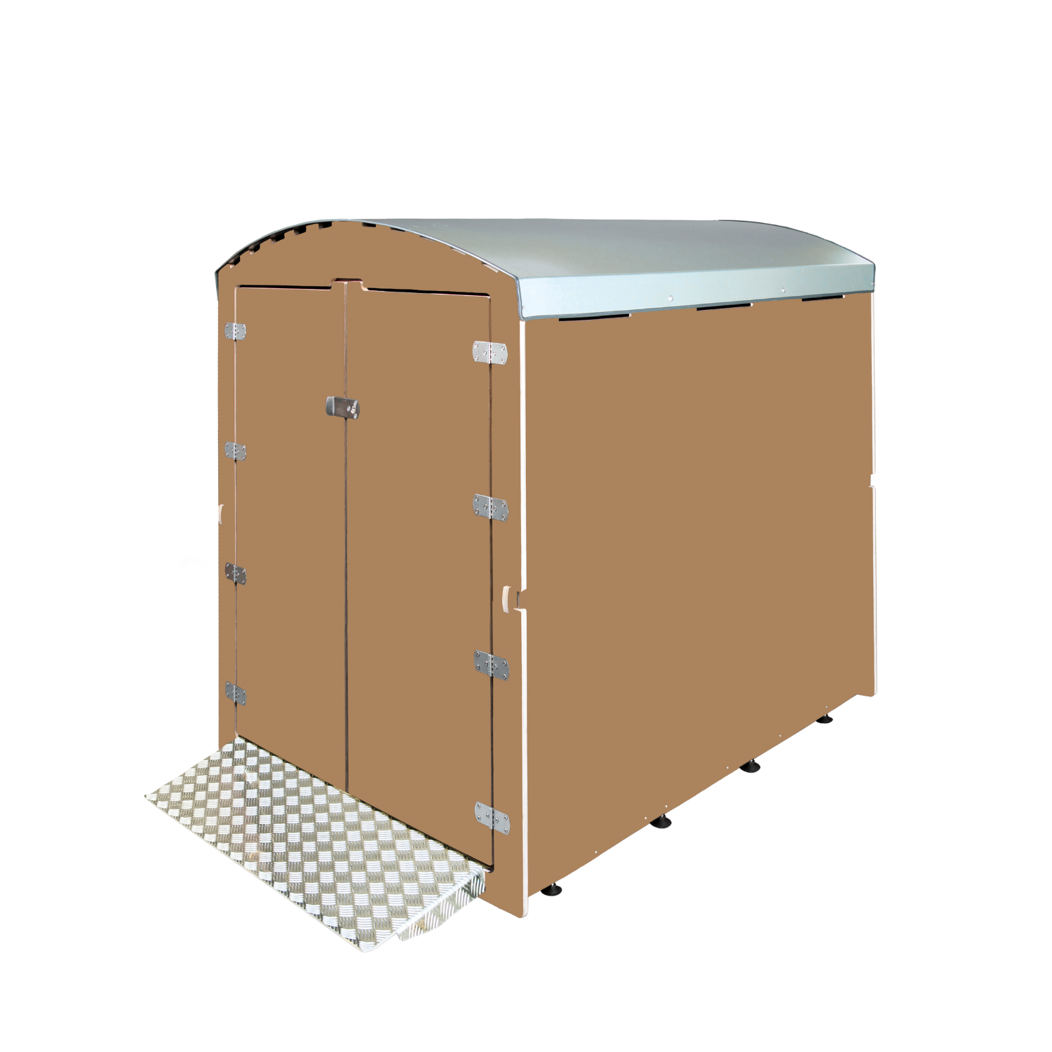 hellbrauner großer fahrradgarage mit metallischem bogenförmigen dach und doppelter tür mit schloss