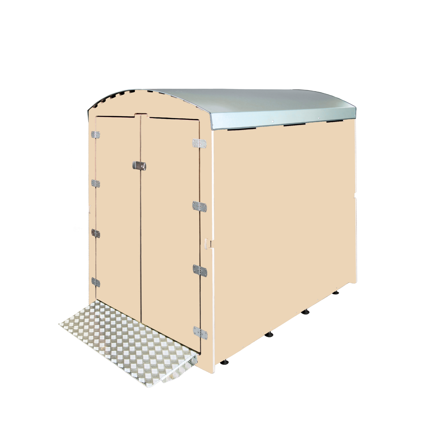 Beiger Holzunterstand mit abgerundetem Metall-Dach und Klapptür mit Metallgriffen