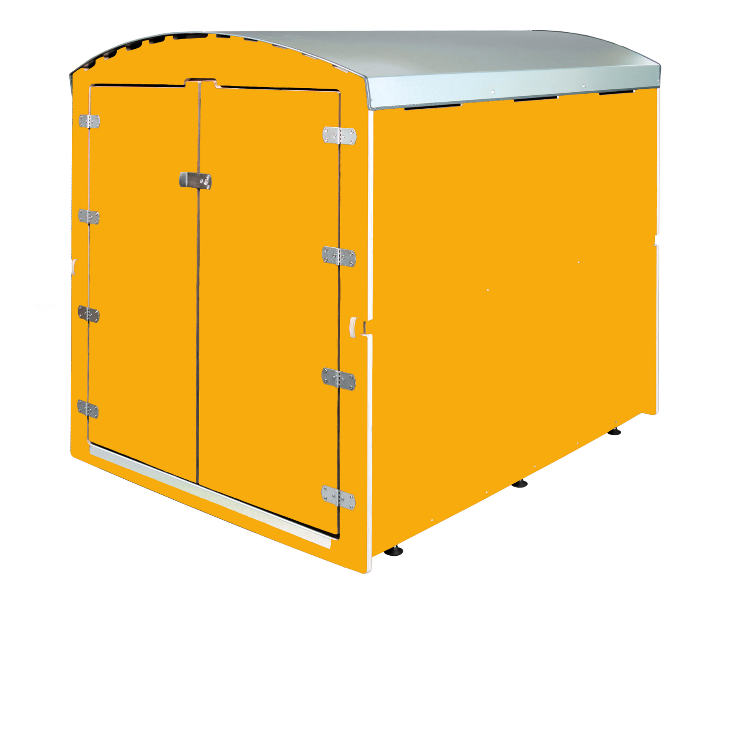 Goldgelber Rollcontainer mit silbernem Deckel und zweiflügeliger Tür in halbtotale Ansicht