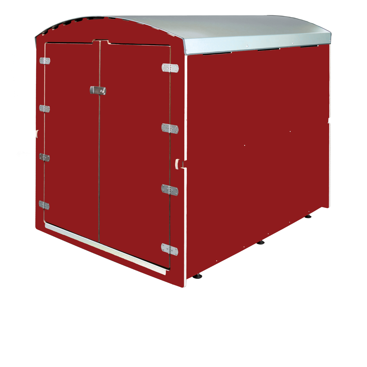 Dunkelrotes Rollabo XL Fahrradgarage mit Metall-Doppeltür und abgerundetem Dach