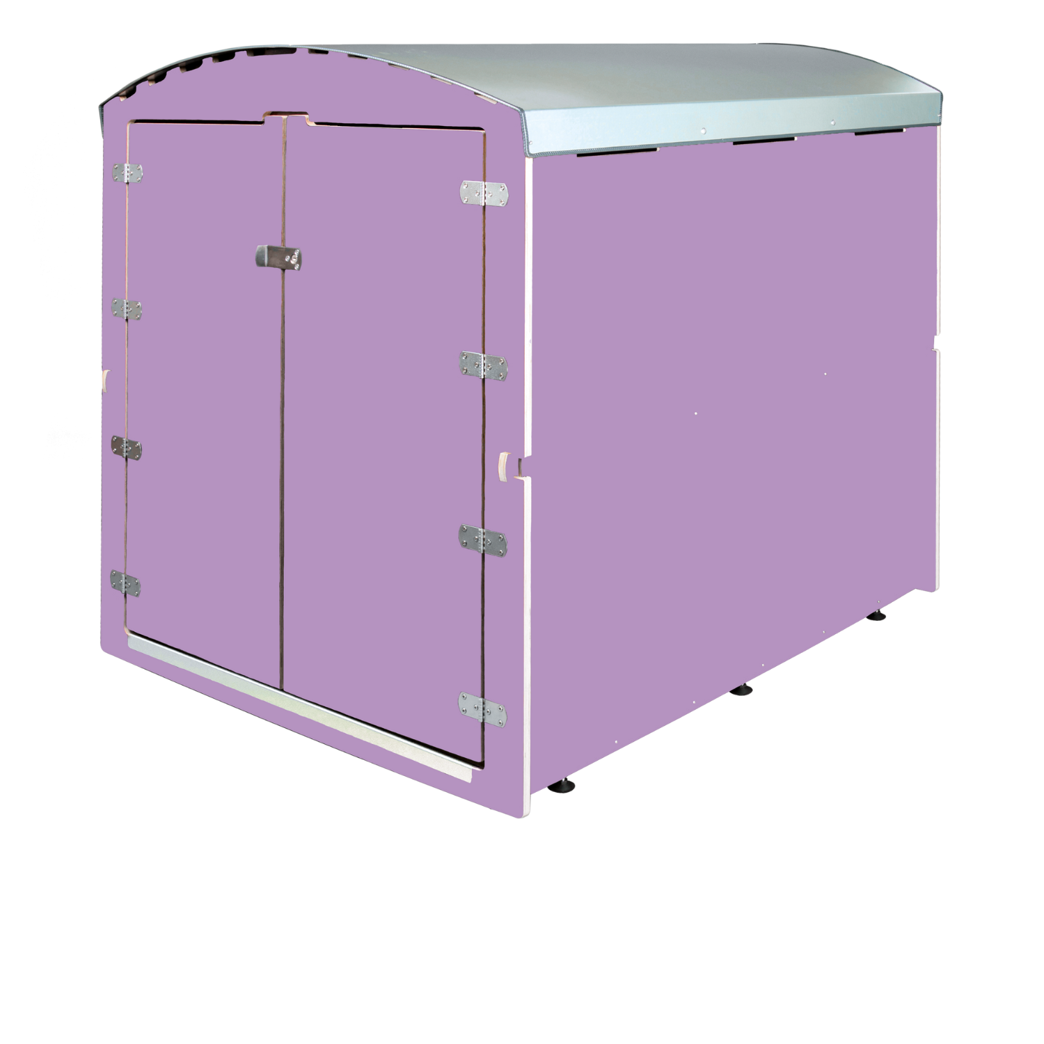 Große lilafarbene Rollbox mit doppelten Türen und silberner Dachabdeckung, Transportbox