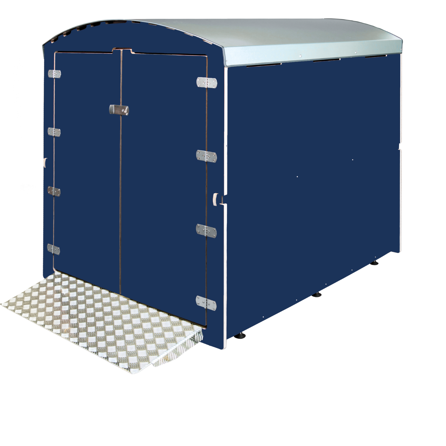 Dunkelblauer Rollabo XL Fahrradanhänger mit Rampe und Metall-Dach