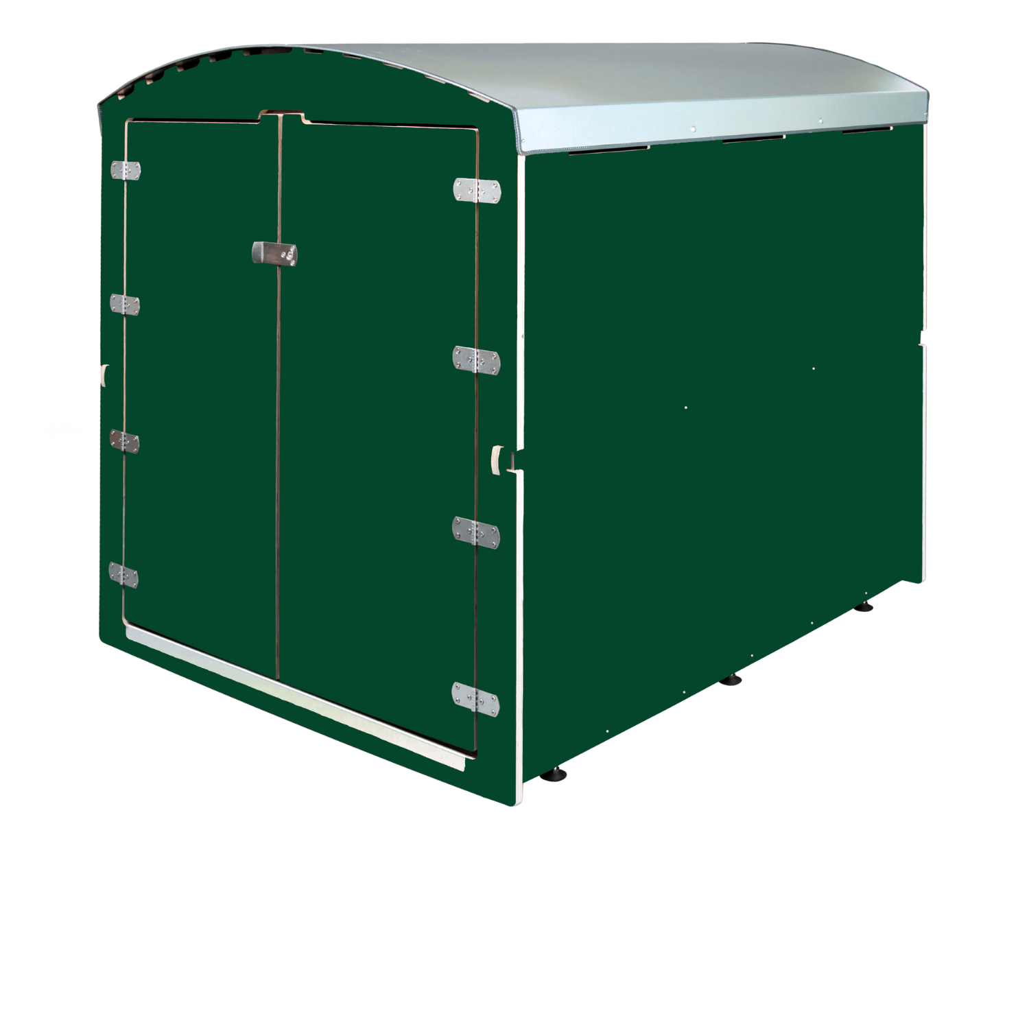 Dunkelgrüner Lagerraum mit Metall-Doppeltür und gewölbtem Dach auf schwarzem Hintergrund