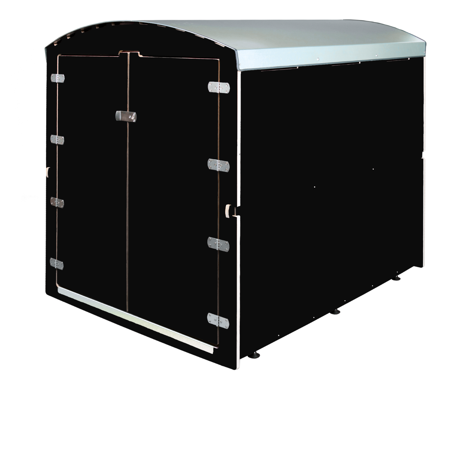 Schwarzer Rollabo XL Fahrradanhänger mit hellgrauem Dach und Doppeltür mit Schloss