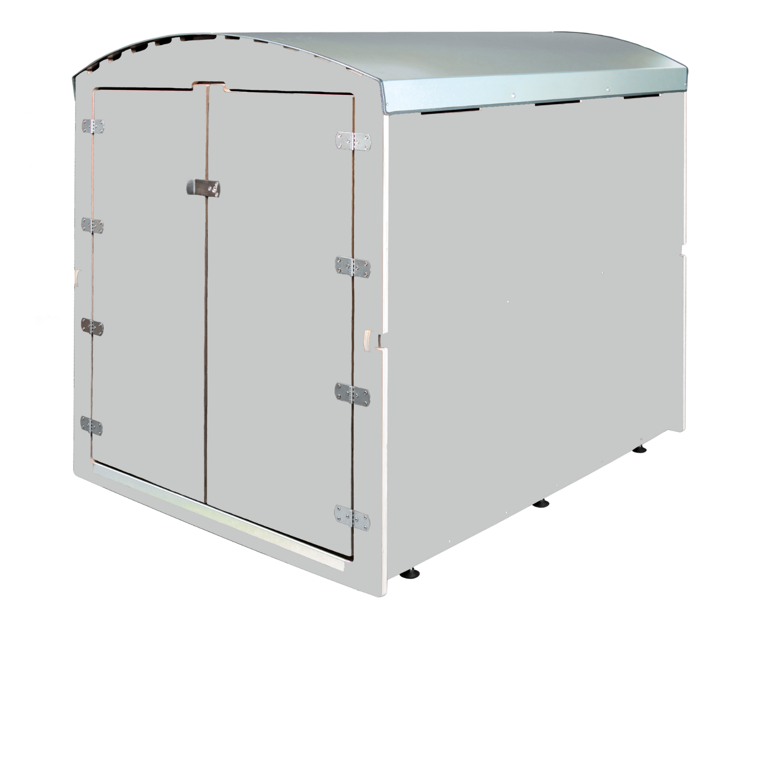 Hellgrauer, robuster Aufbewahrungscontainer mit Doppeltüren und Metallbeschlägen