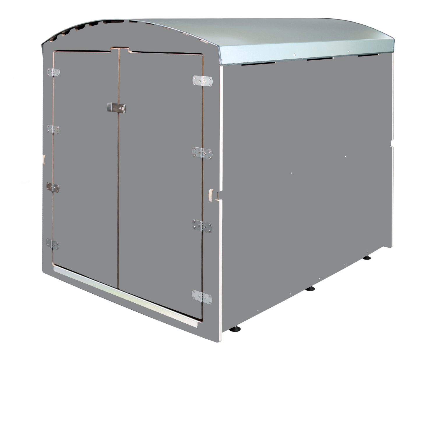 grauer großer Fahrradgarage mit Doppeltür und abgerundetem Dach auf weißem Hintergrund