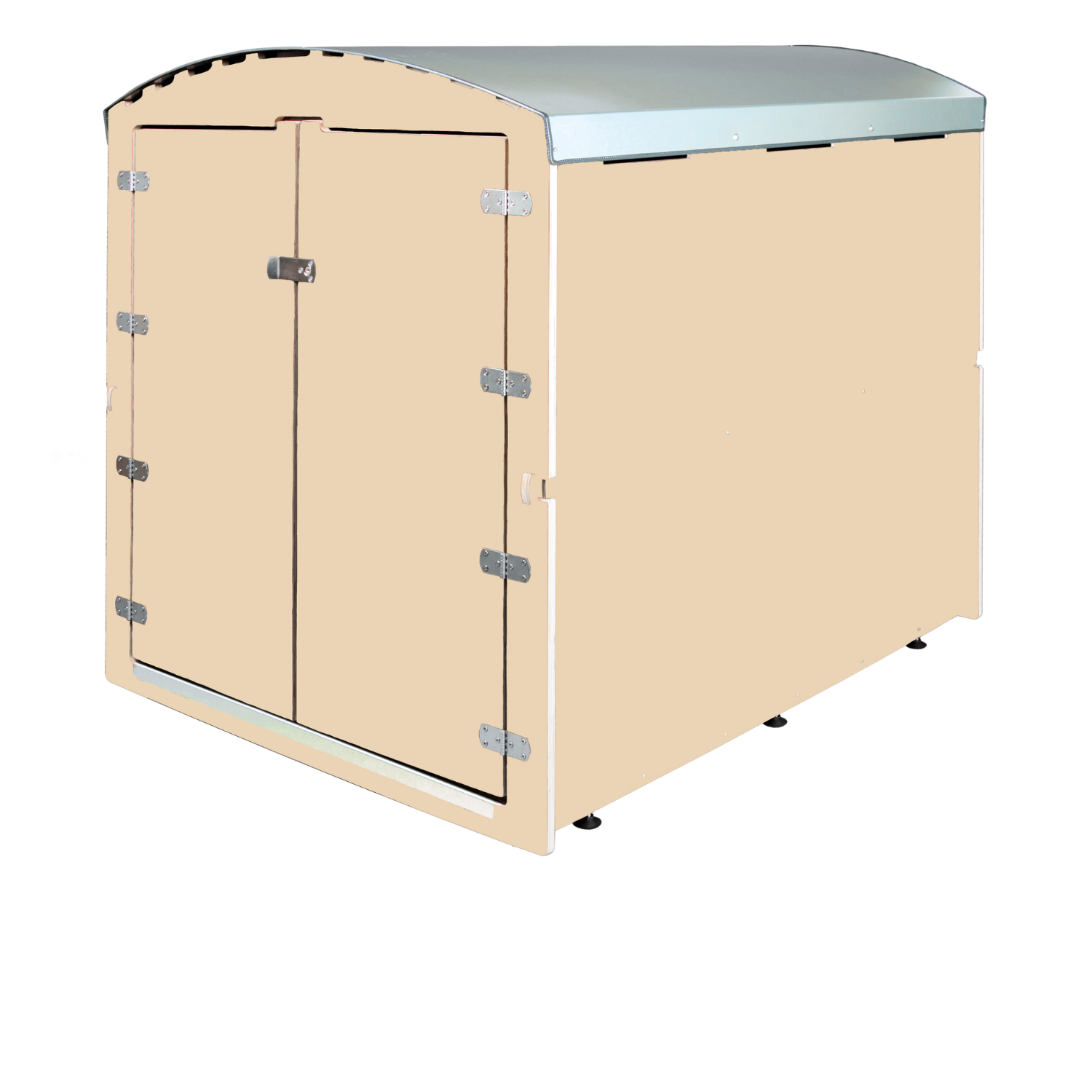 Beige Outdoor-Holzhaus mit Doppeltür und gewölbtem Metall-Dach