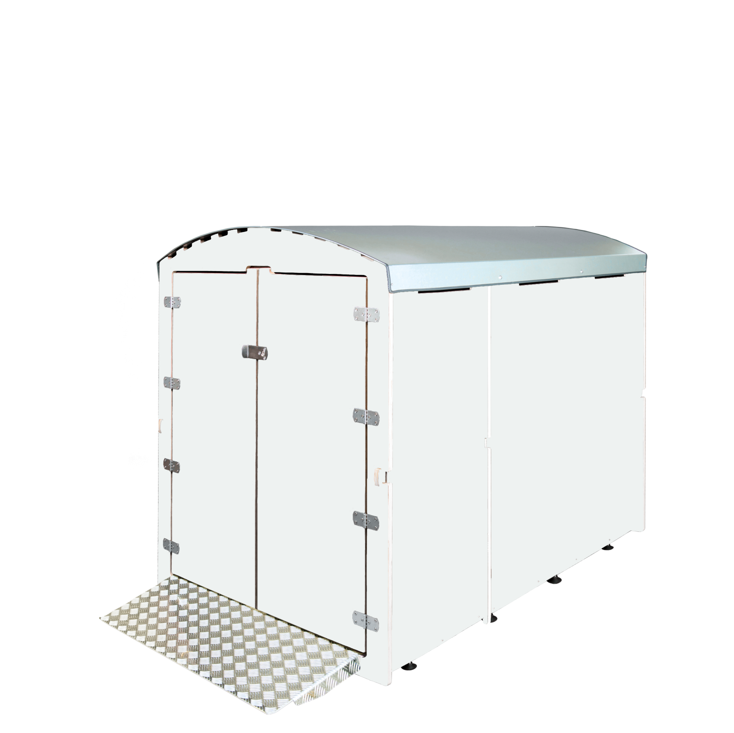 Weißer XXL Fahrradunterstand mit doppelflügeliger Tür und Metallrampe