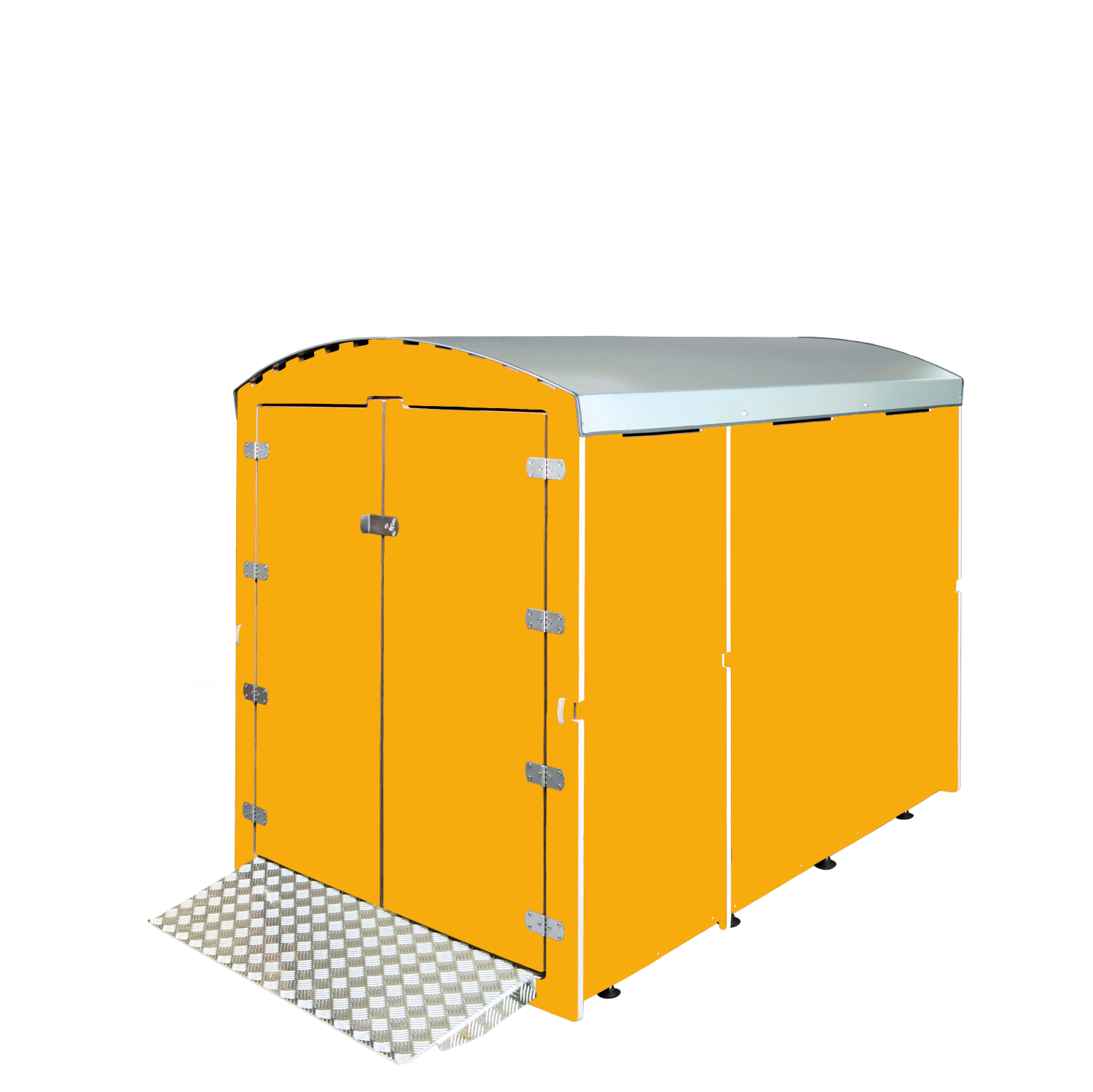 XXL Fahrradgarage in goldgelb mit Doppeltür, metallischem Dach und Rampe