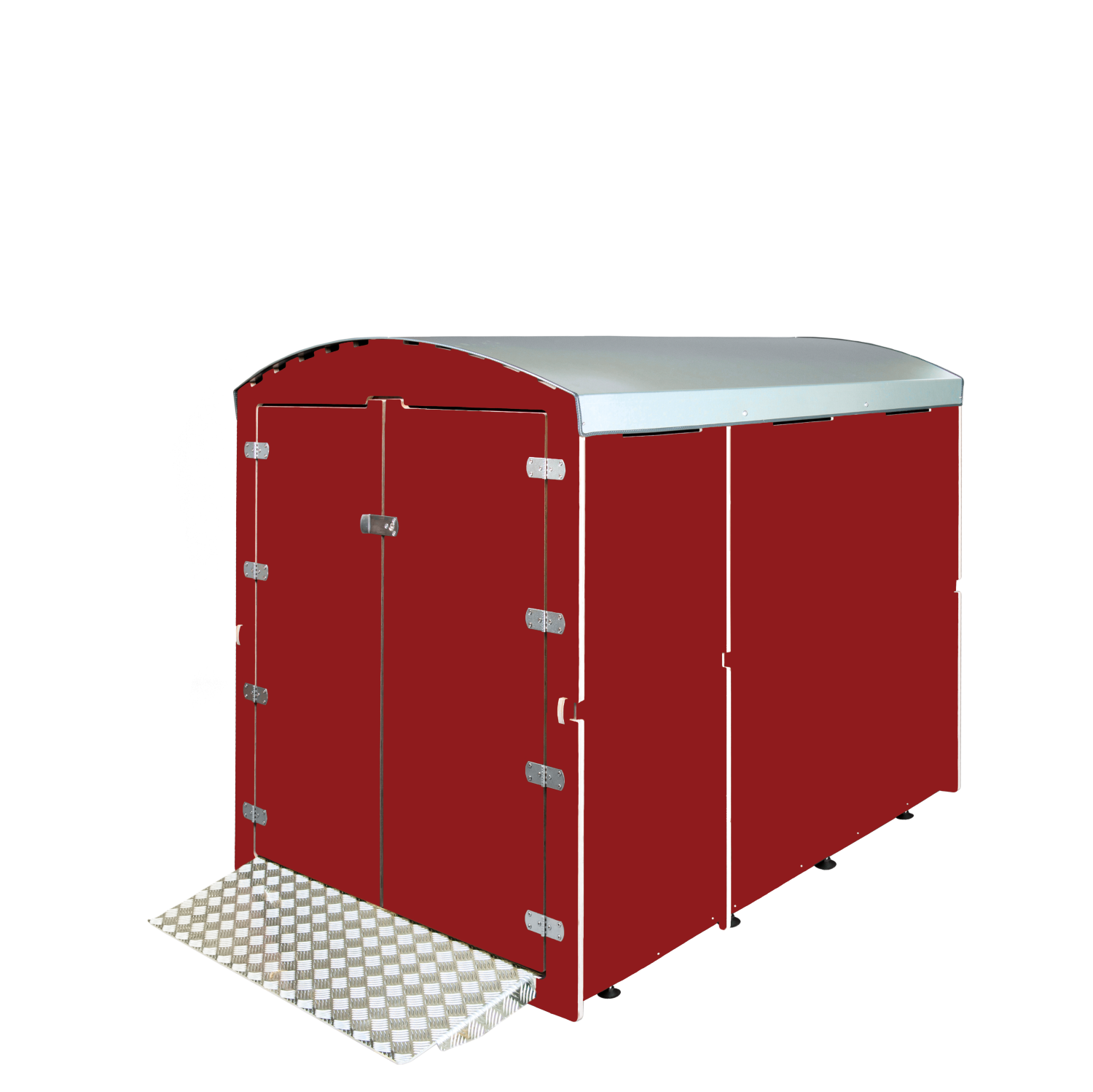 Dunkelroter XXL Fahrradgarage mit silbernem Dach und Auffahrrampe aus Riffelblech