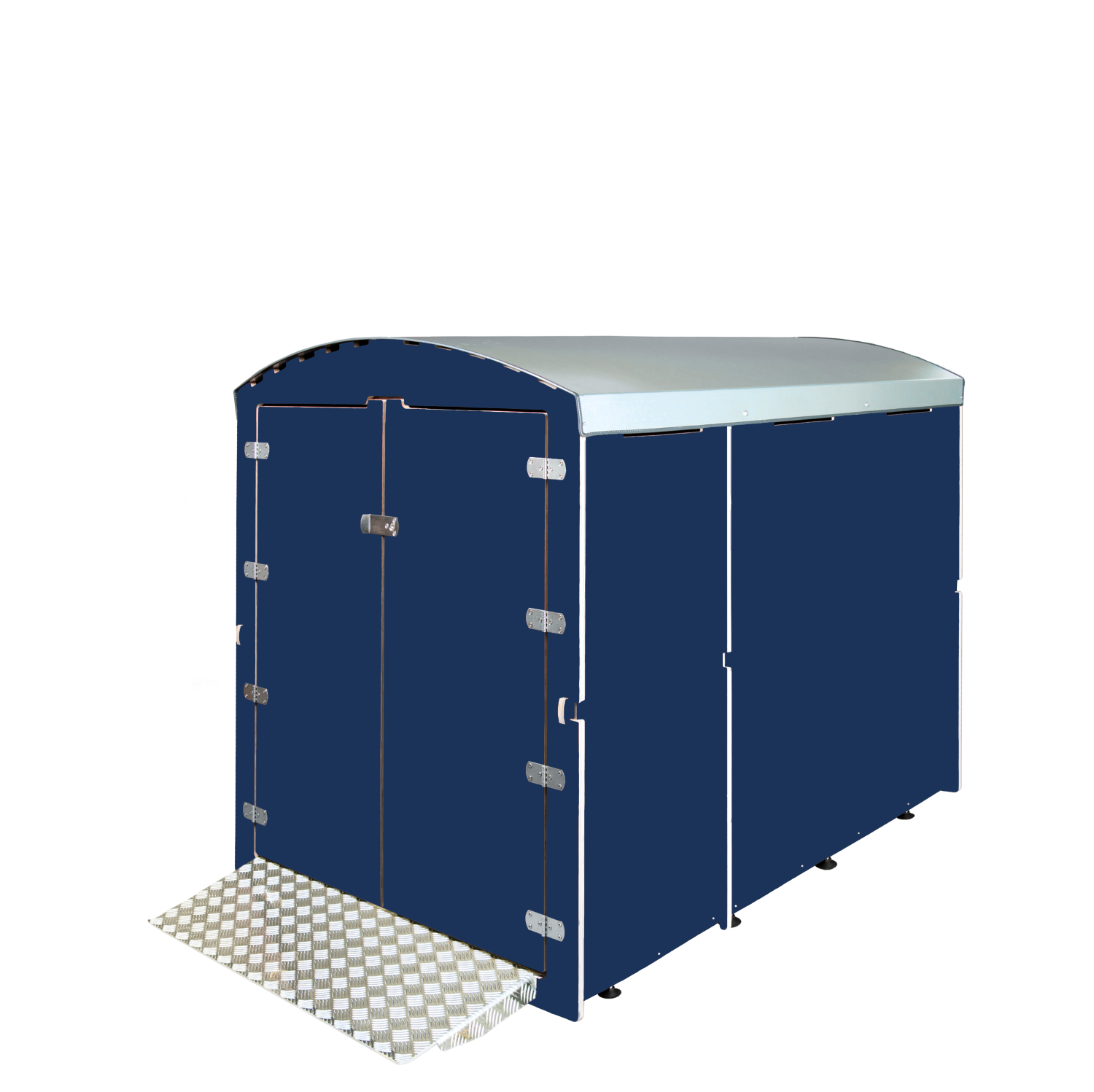 dunkelblauer Fahrradgarage XXL mit silbernem Blechdach und Metallrampe für sicheren Einstieg