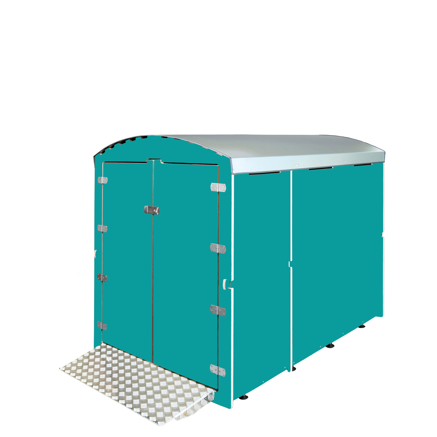 Türkiser Fahrradbox mit Metallfaltrampe und silberner Dachabdeckung