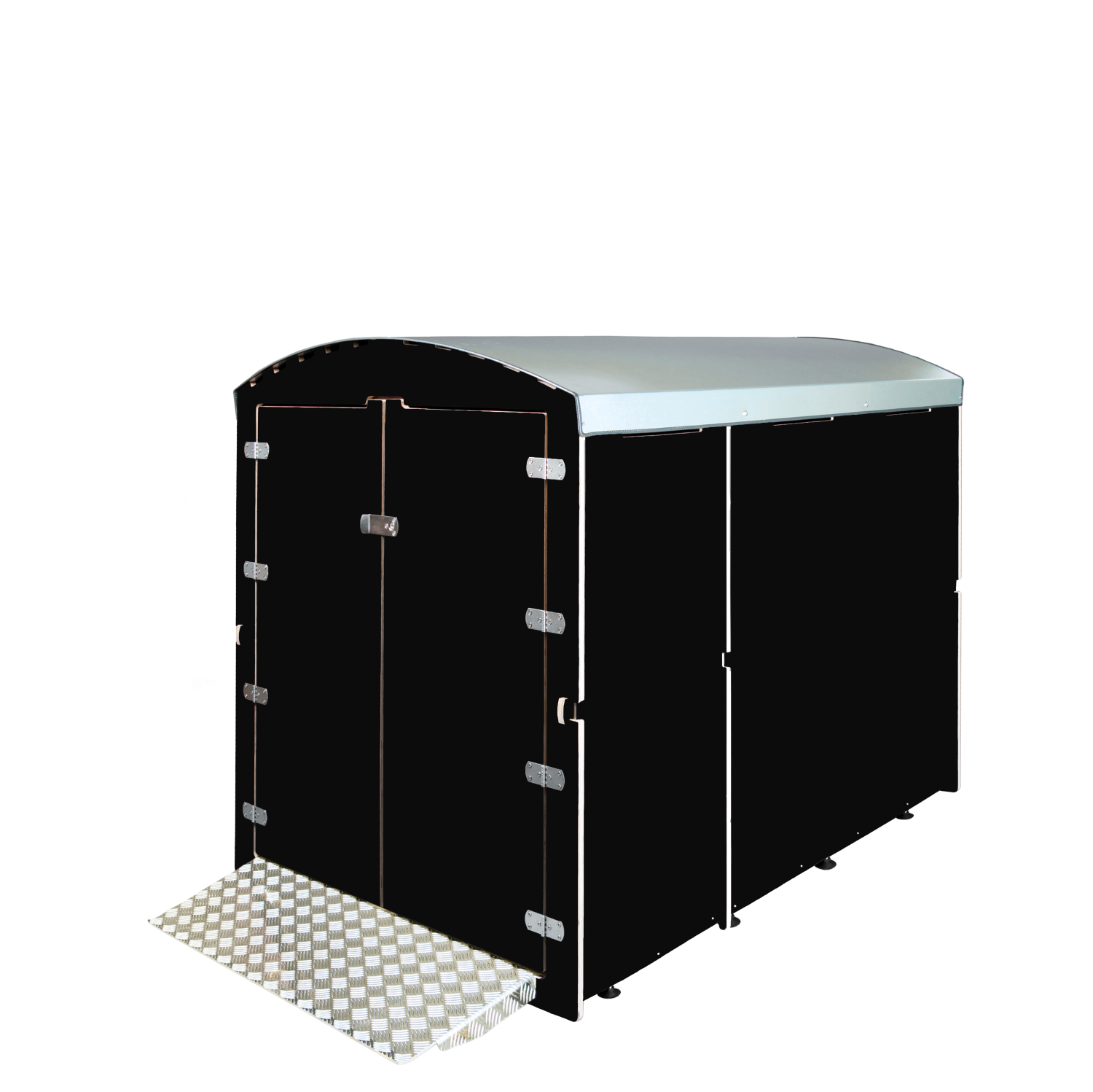 Schwarzer Rollabo XXL Fahrradunterstand mit silbernem Blechdach und Metallrampe