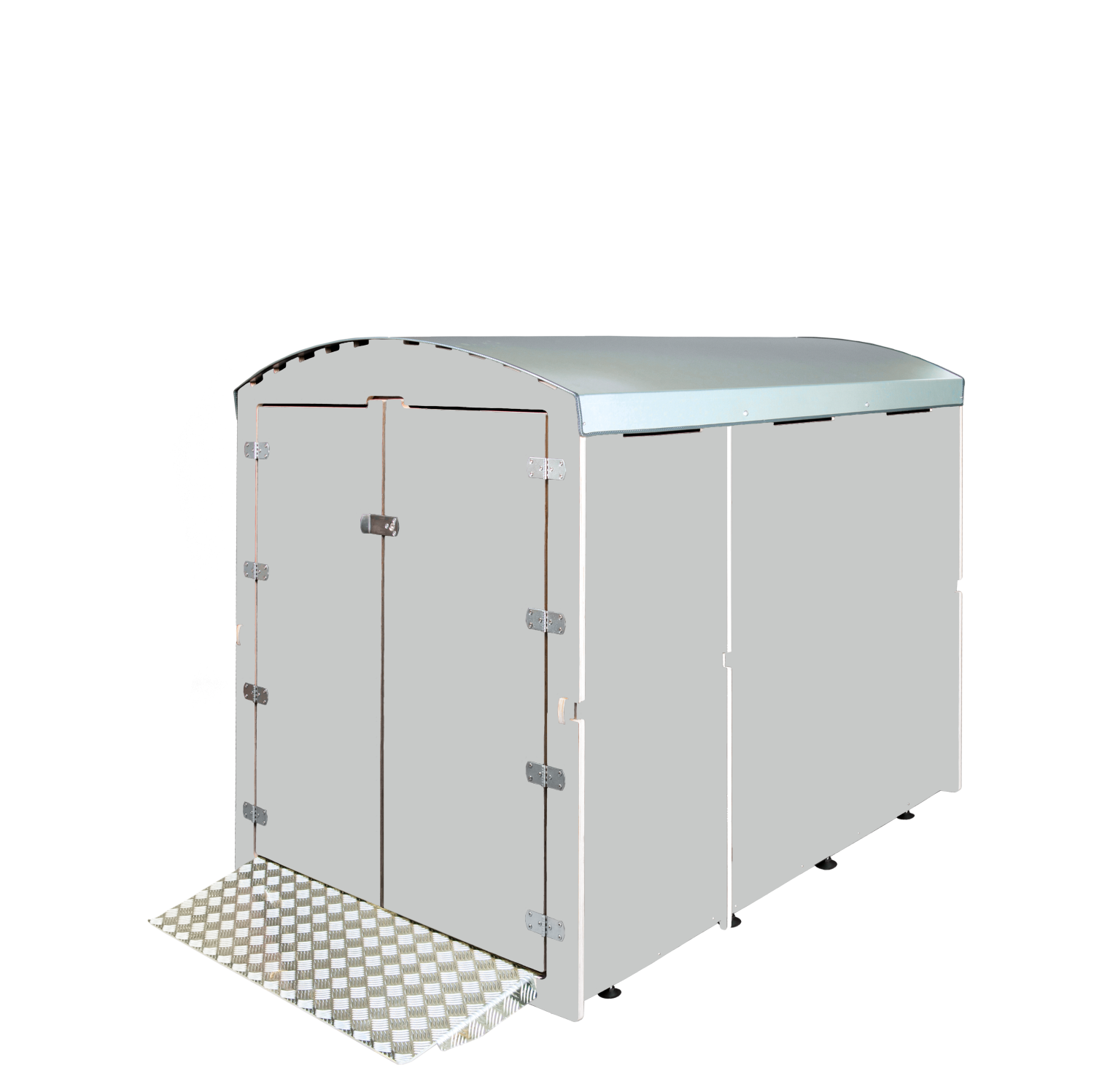 Hellgraue Fahrradgarage aus Metall mit Doppeltür, Rampeneintritt und gebogenem Dach