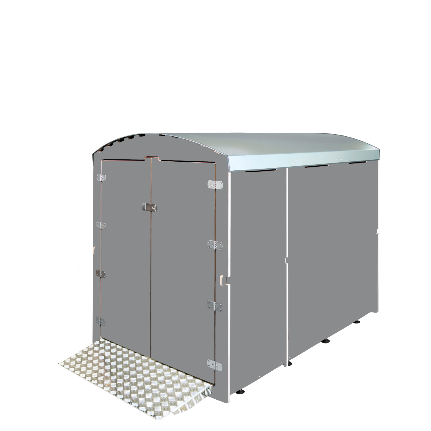 Graues Rollabo XXL Fahrradbox mit Doppeltür und geriffelter Rampe aus Aluminium